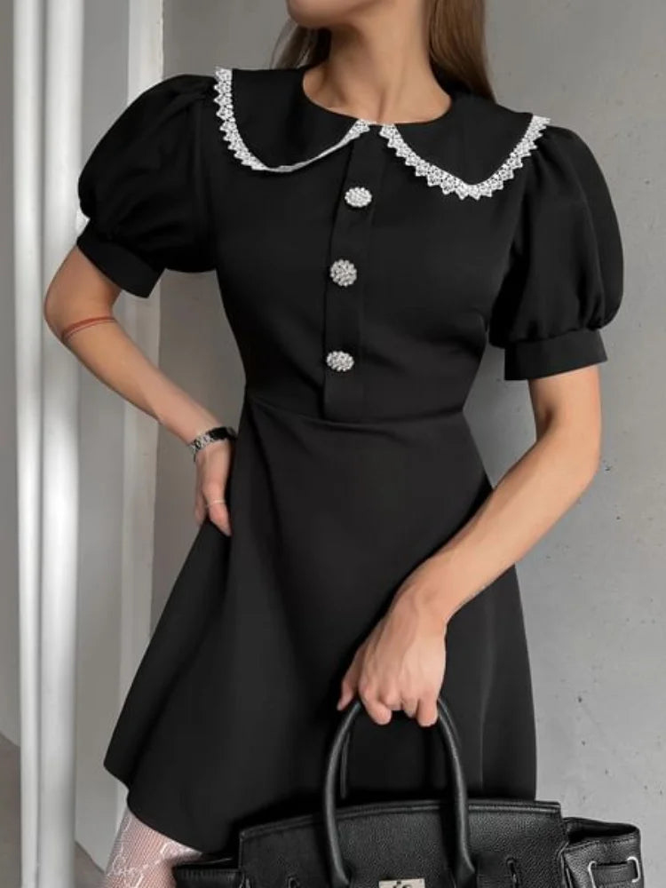 Elegant Doll Collar Mini Dress Women Spring Summer Chic Solid Short Sleeve Sexy Slim Button Dresses Female Commute Clothes