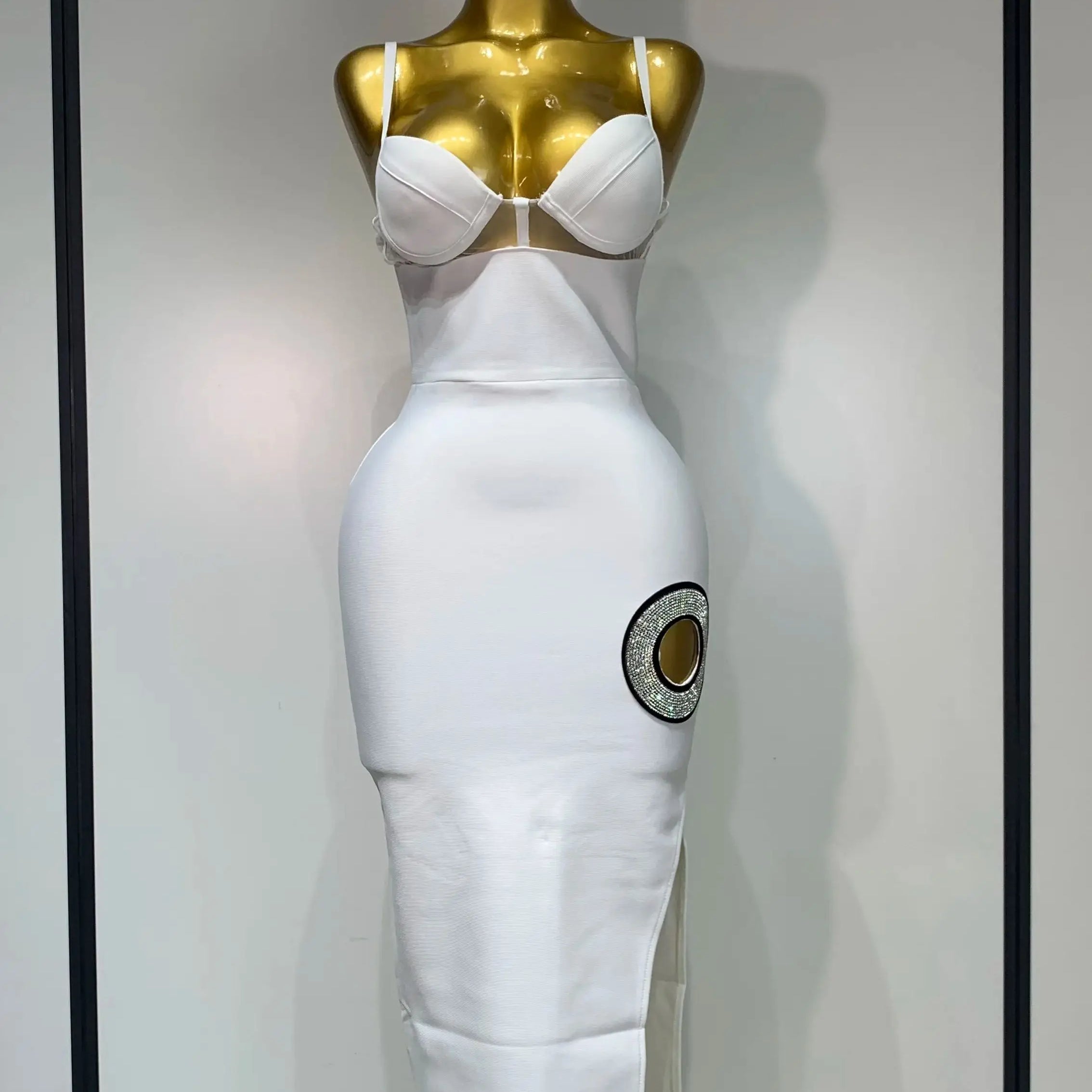 Fashion Sexy V Neck Backless Diamonds Split Women Bodycon Bandage Dress 2025 White Elegant Evening Club Party Birthday Dresses WHITE