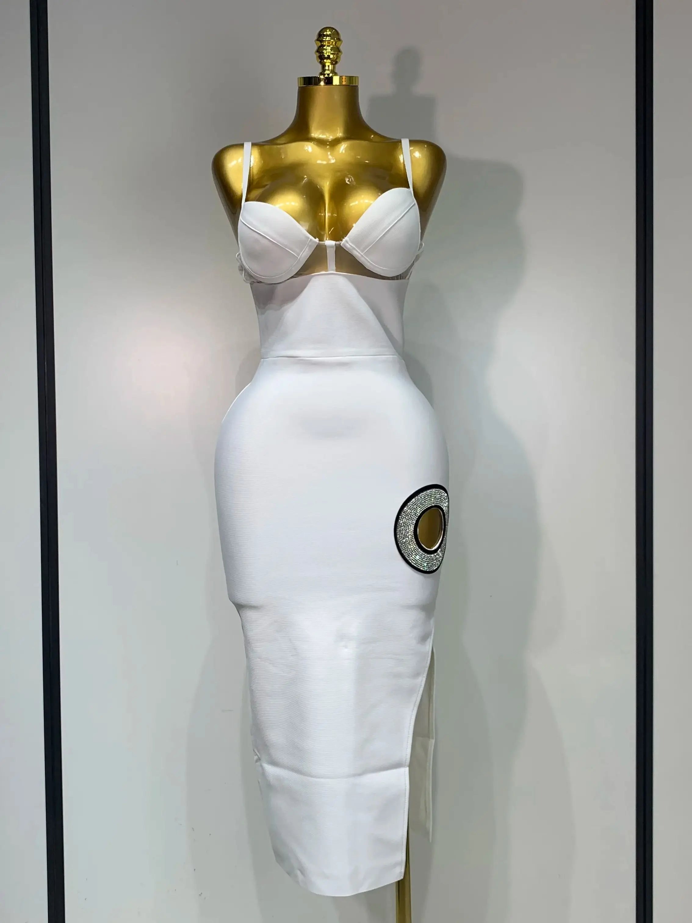 Fashion Sexy V Neck Backless Diamonds Split Women Bodycon Bandage Dress 2025 White Elegant Evening Club Party Birthday Dresses WHITE