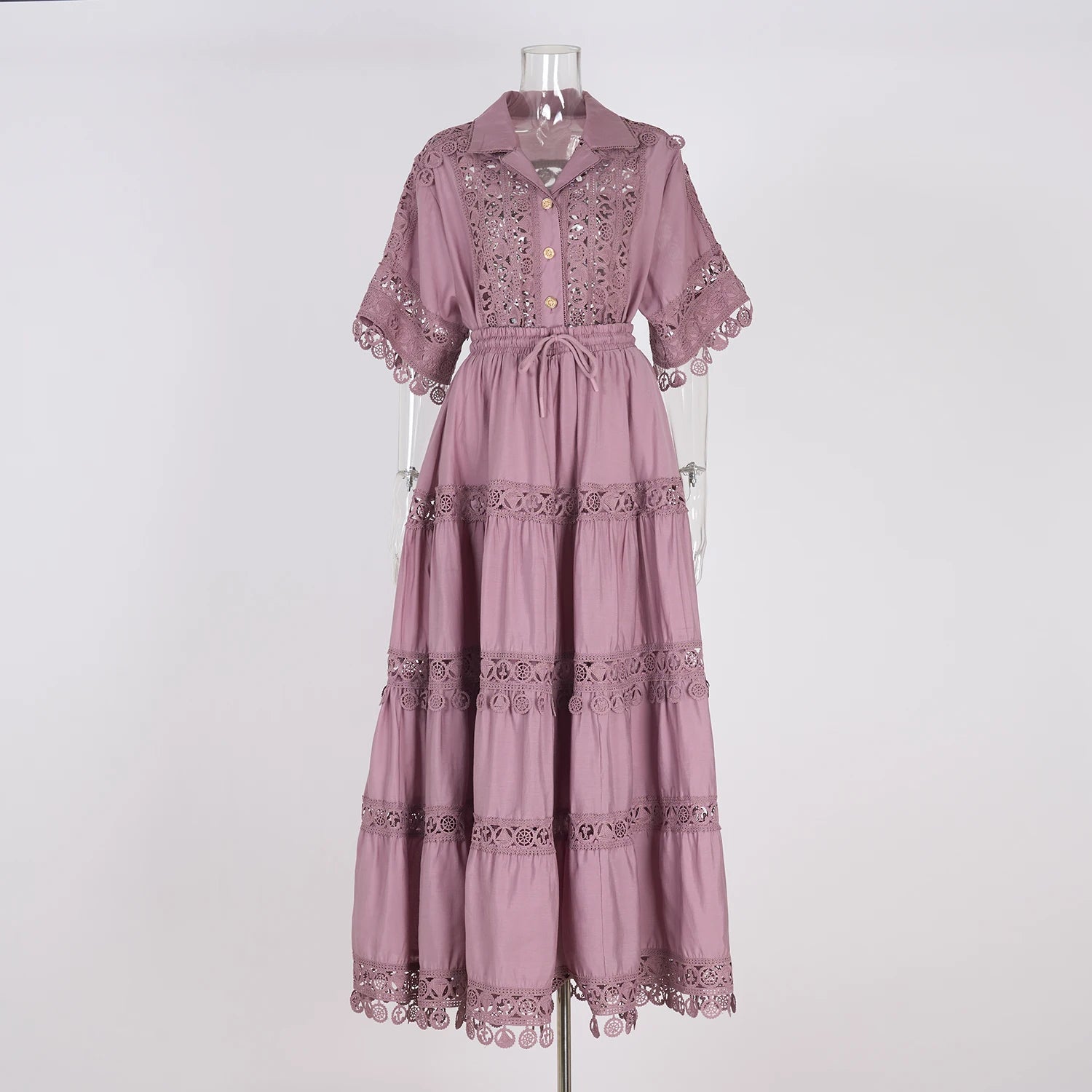 Summer Holiday Embroidery 2 Piece Sets Women Hollow Out Loose Shirt Top + Elastic Waist Maxi Skirts Suits Streetwear Y2k Outfits mei red