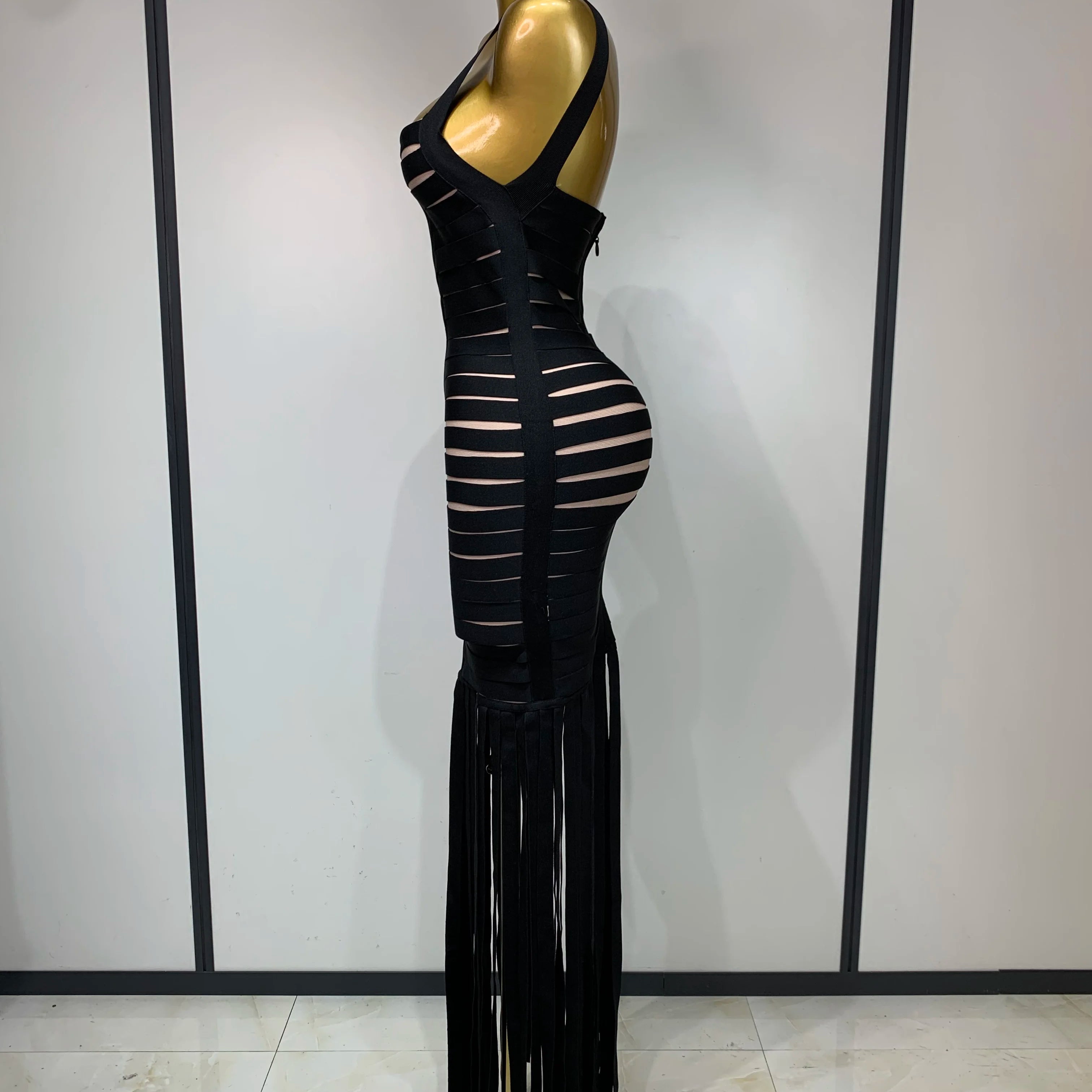 Women Sexy Sleeveless Square Collar Black Tassel Long Bandange Dresses Elegant Evening Party Birthday Gown Design Club Dress