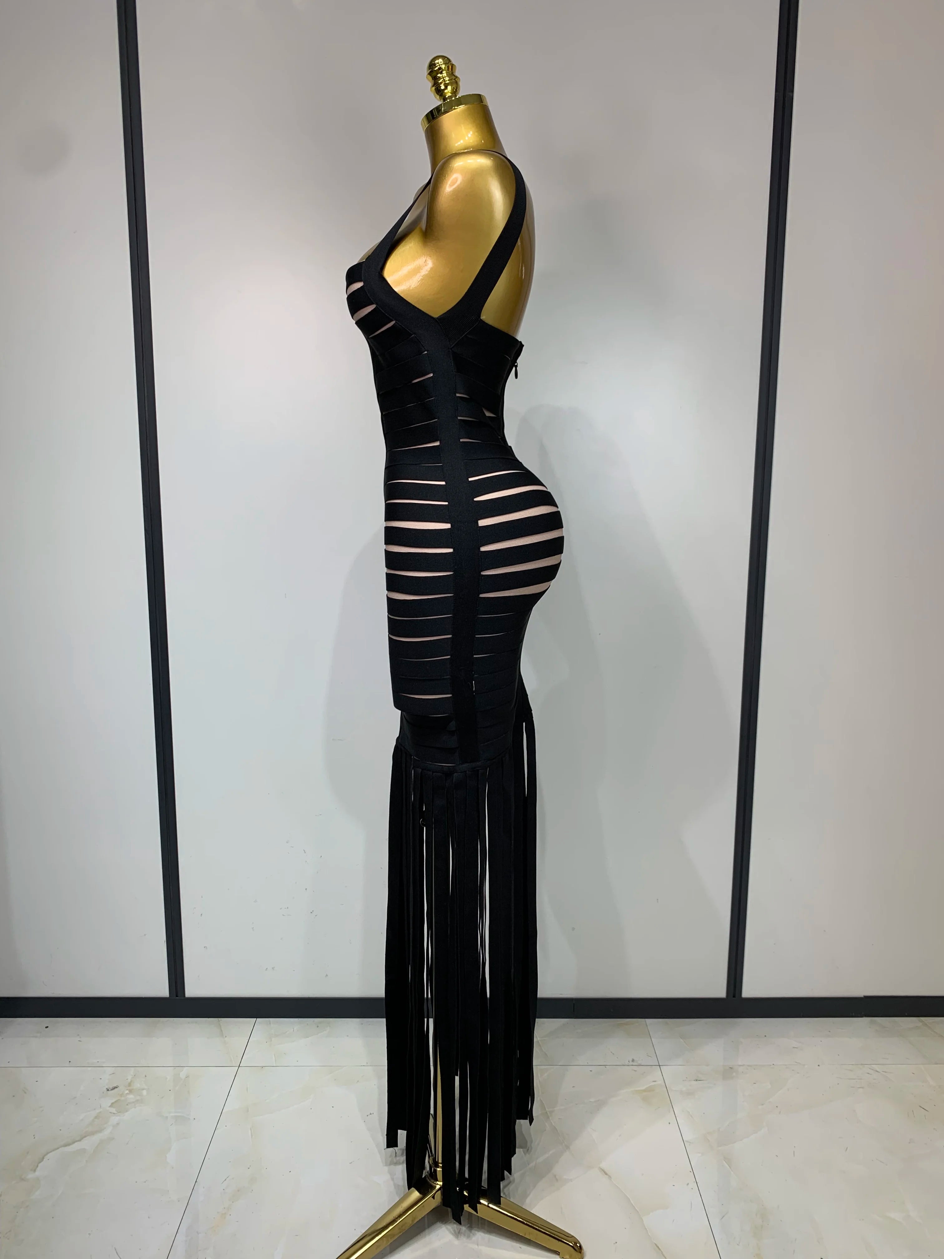 Women Sexy Sleeveless Square Collar Black Tassel Long Bandange Dresses Elegant Evening Party Birthday Gown Design Club Dress