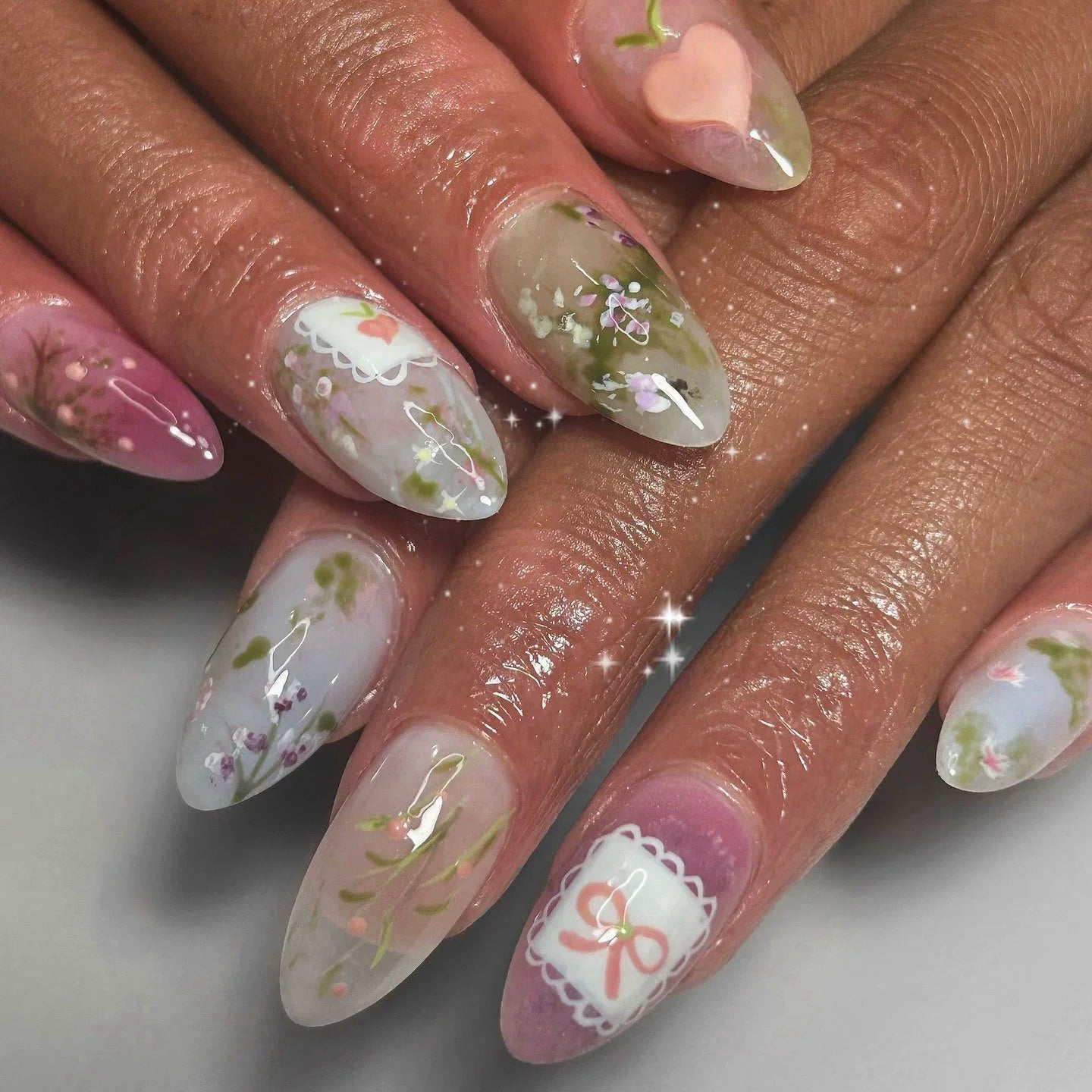 24Pcs Short Round Almond Lovely False Nails Full Cover Fresh Cartoon Fruit Pattern Designs Wearing Nails Art French Summer Nails 7