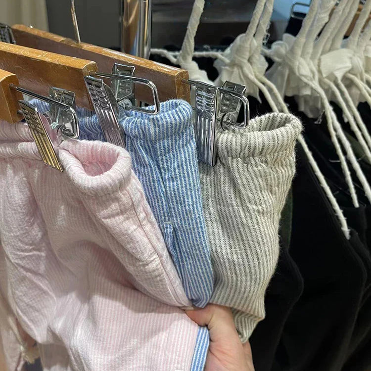 Retro Pink Striped Drawstring Sport Pants Women Autumn High Waist Linen Casual Wide Leg Pants Y2k Streetwear Loose Trousers Chic