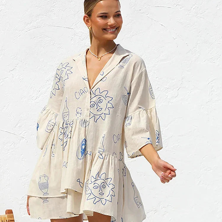 Print Flare Sleeve Ruffled Mini Women's Dress Elegant Shirt Collar Button Vestidos Spring Casual Loose Beach Female Dresses Figure Color 1