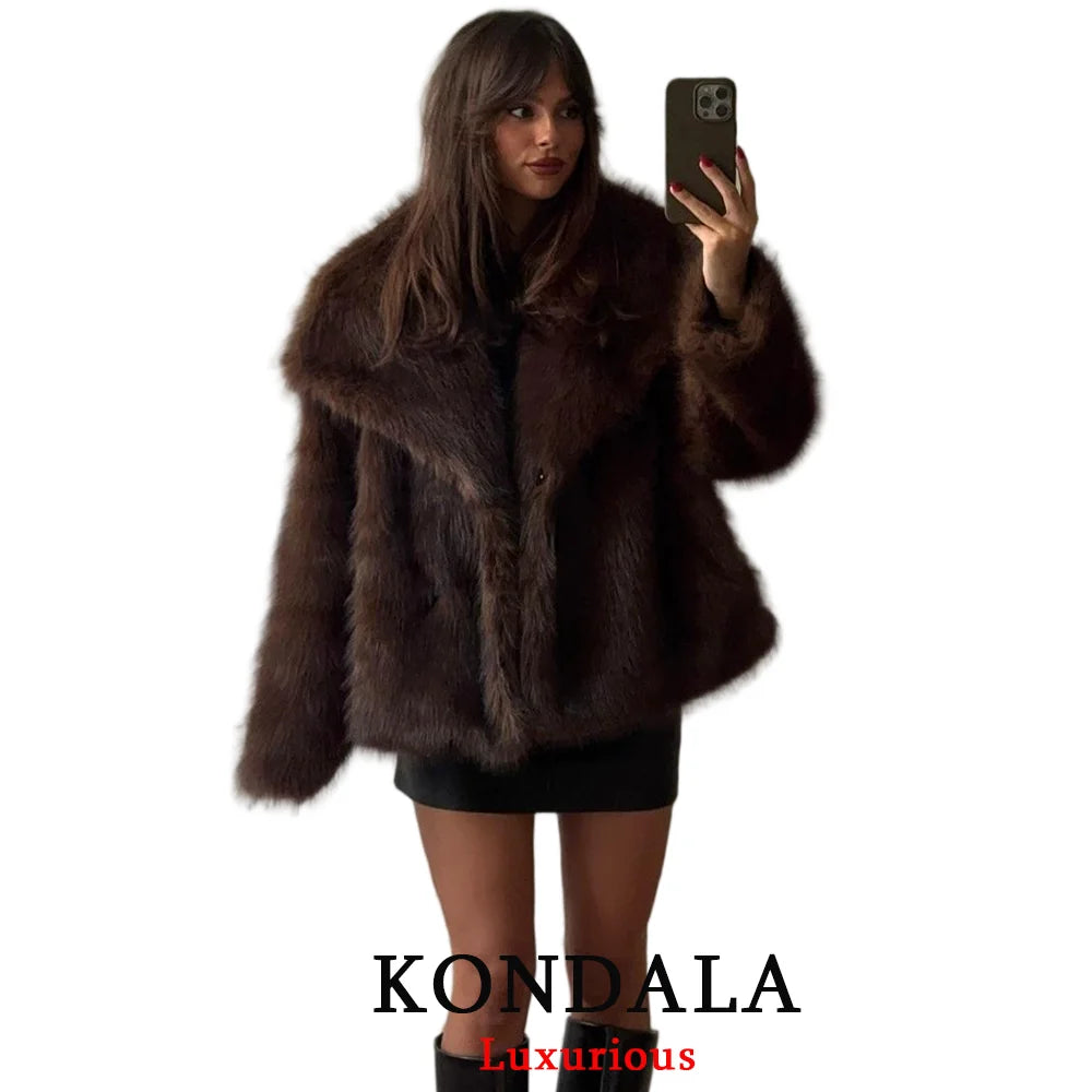 KONDALA Casual Brown Thick Fur Jackets Women Long Sleeve V Neck Autumn Winter Faux Fur Coats Fashion 2025 Streetwear Outwears Brown