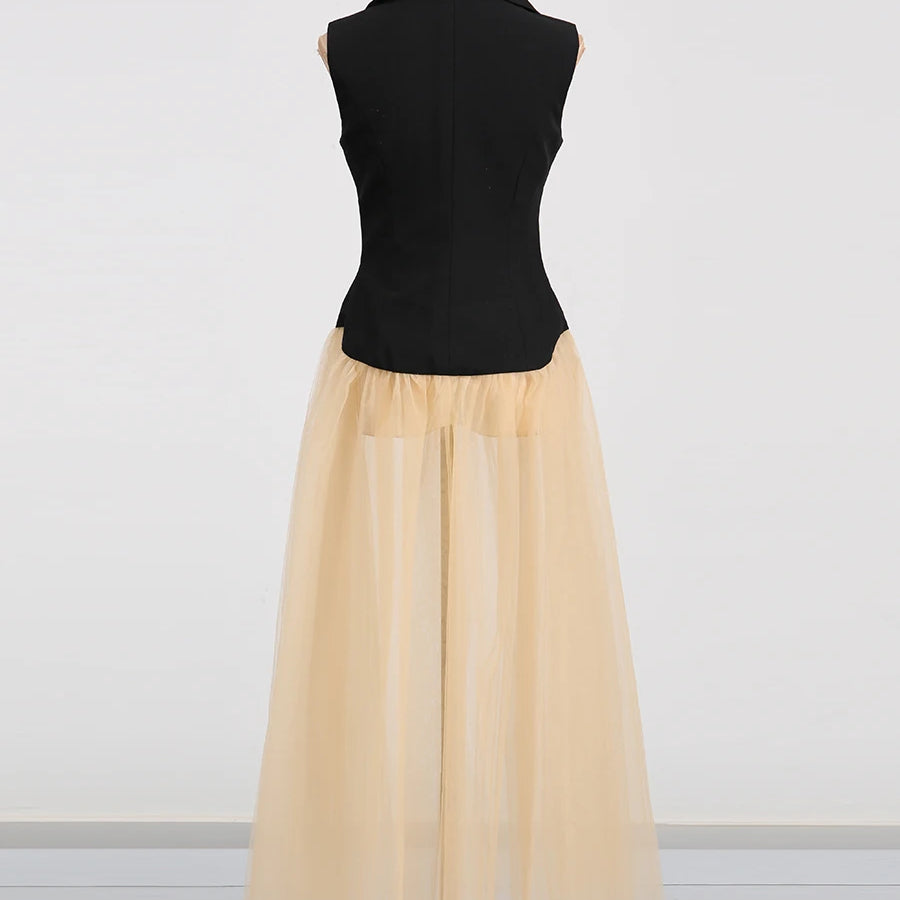 Hit Color Sheer Elegant Jacket for Women Lapel Sleeveless Patchwork Folds Fashion Long Jacket Female Clothing New