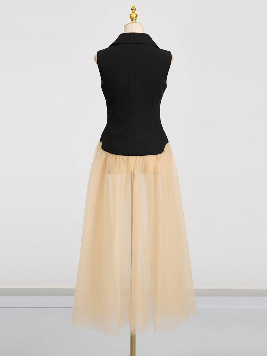 Hit Color Sheer Elegant Jacket for Women Lapel Sleeveless Patchwork Folds Fashion Long Jacket Female Clothing New