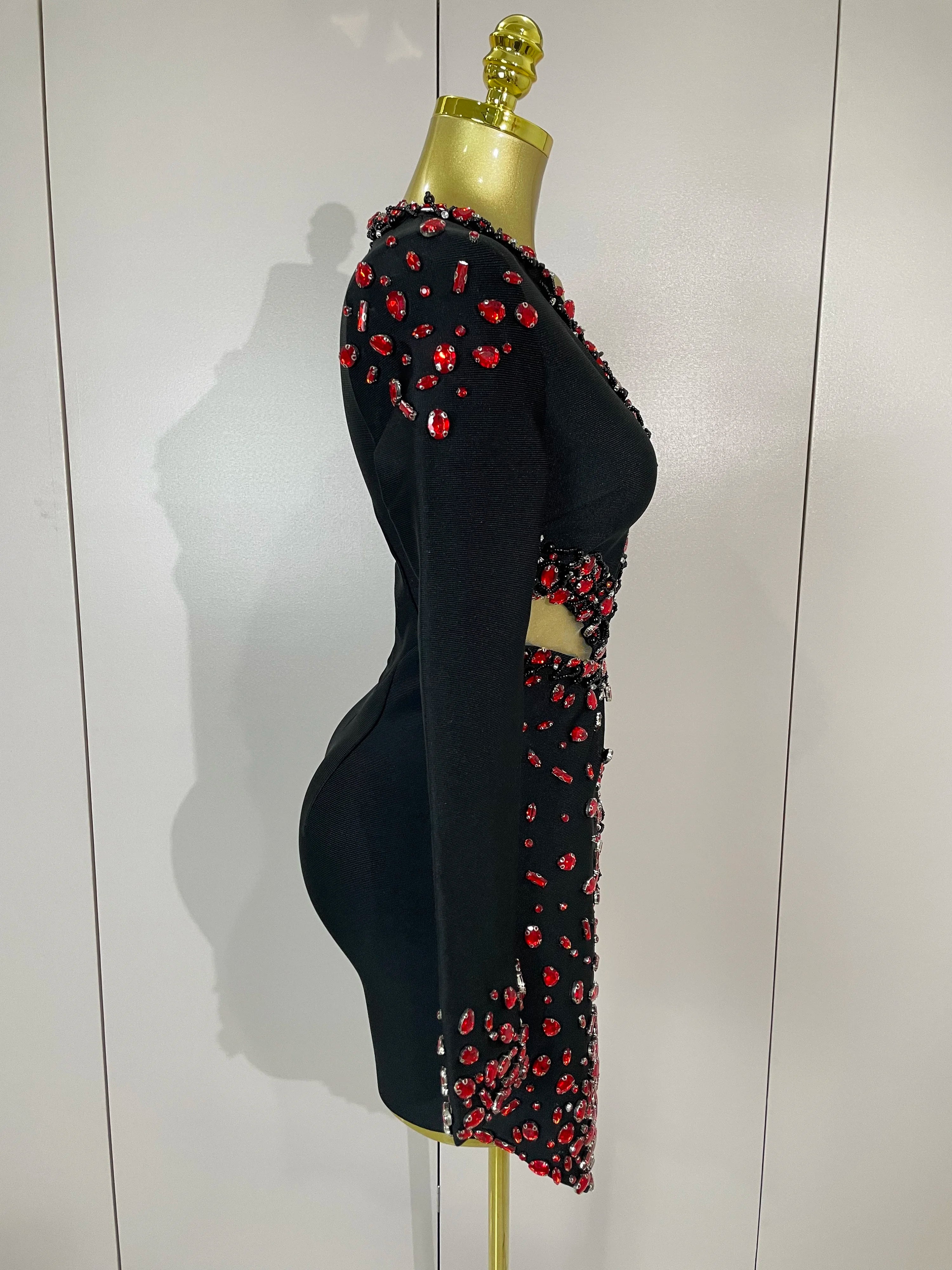 Women Celebrity Sexy Long Sleeve V Neck Rhinestone Black Bandage Dress 2025 Elegant Evening Club Luxury Birthday Party Dresses