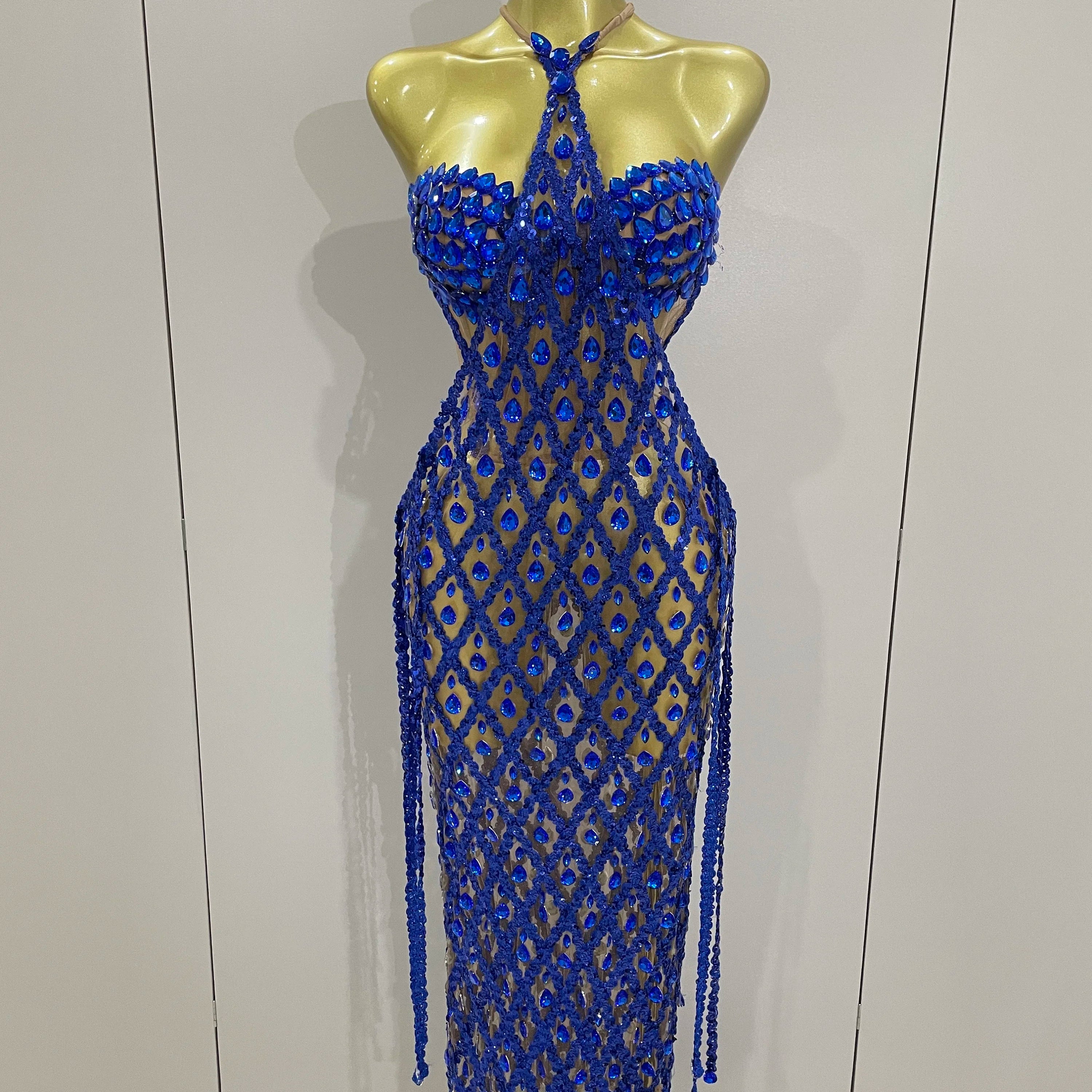 Stock Sexy Sparkly Gold Rhinestones Sleeveless Mesh Two Piece Long Dress 2025 Women Birthday Party Celebrate Prom Stage Costume Blue