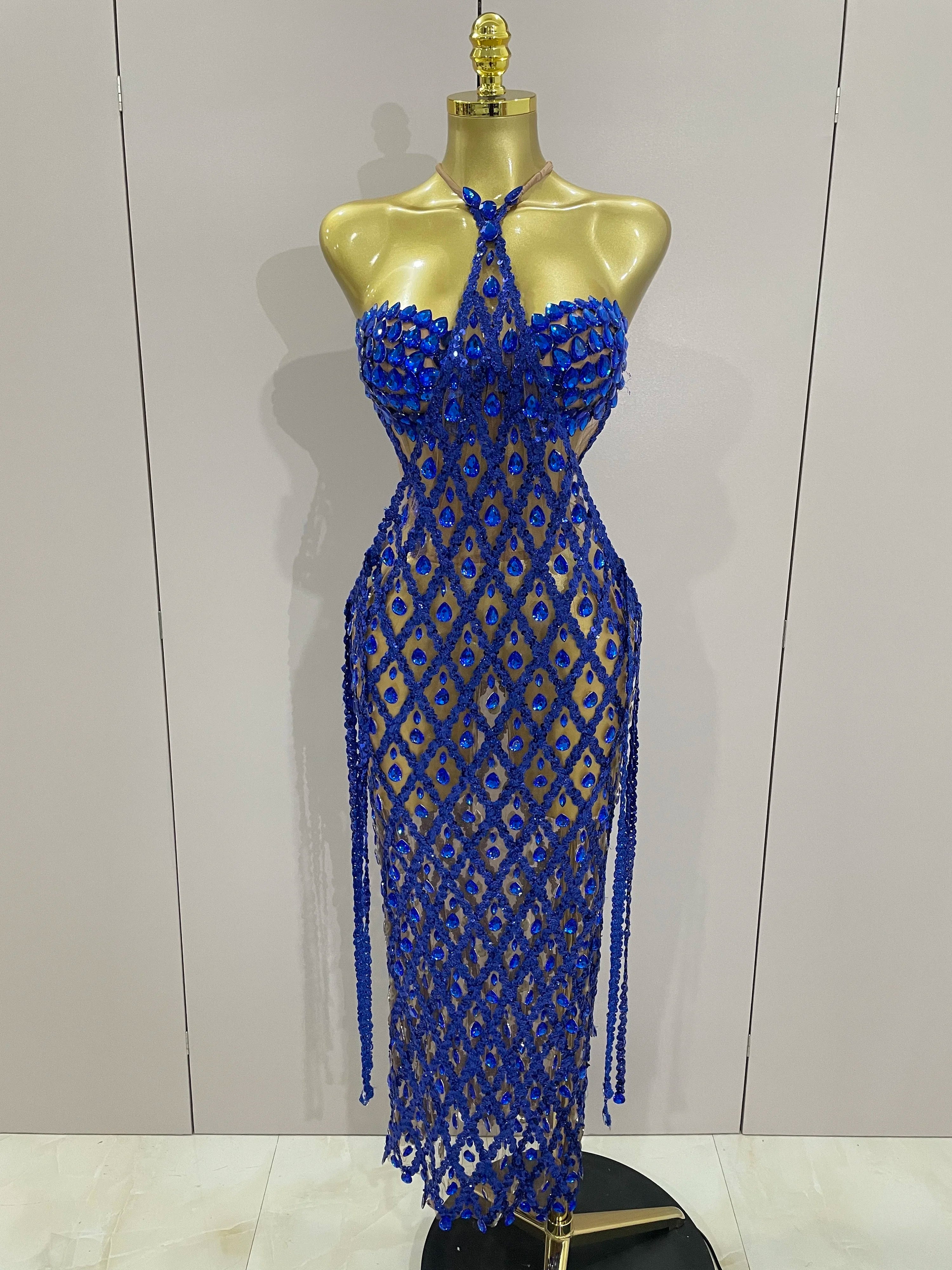 Stock Sexy Sparkly Gold Rhinestones Sleeveless Mesh Two Piece Long Dress 2025 Women Birthday Party Celebrate Prom Stage Costume Blue