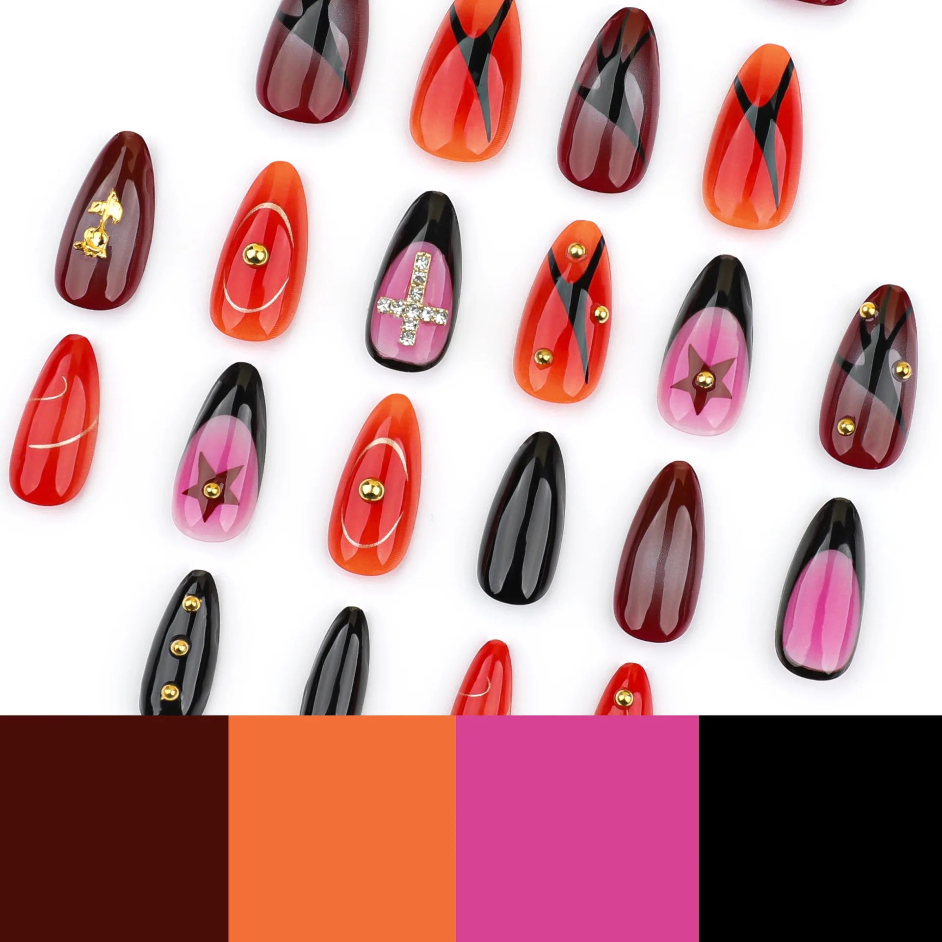 24pcs Metal 3D Rose Press on Nails Full Cover Wearable Almond False Nails Spice Girls Y2k Gothic Punk Style Fake Nail Tips