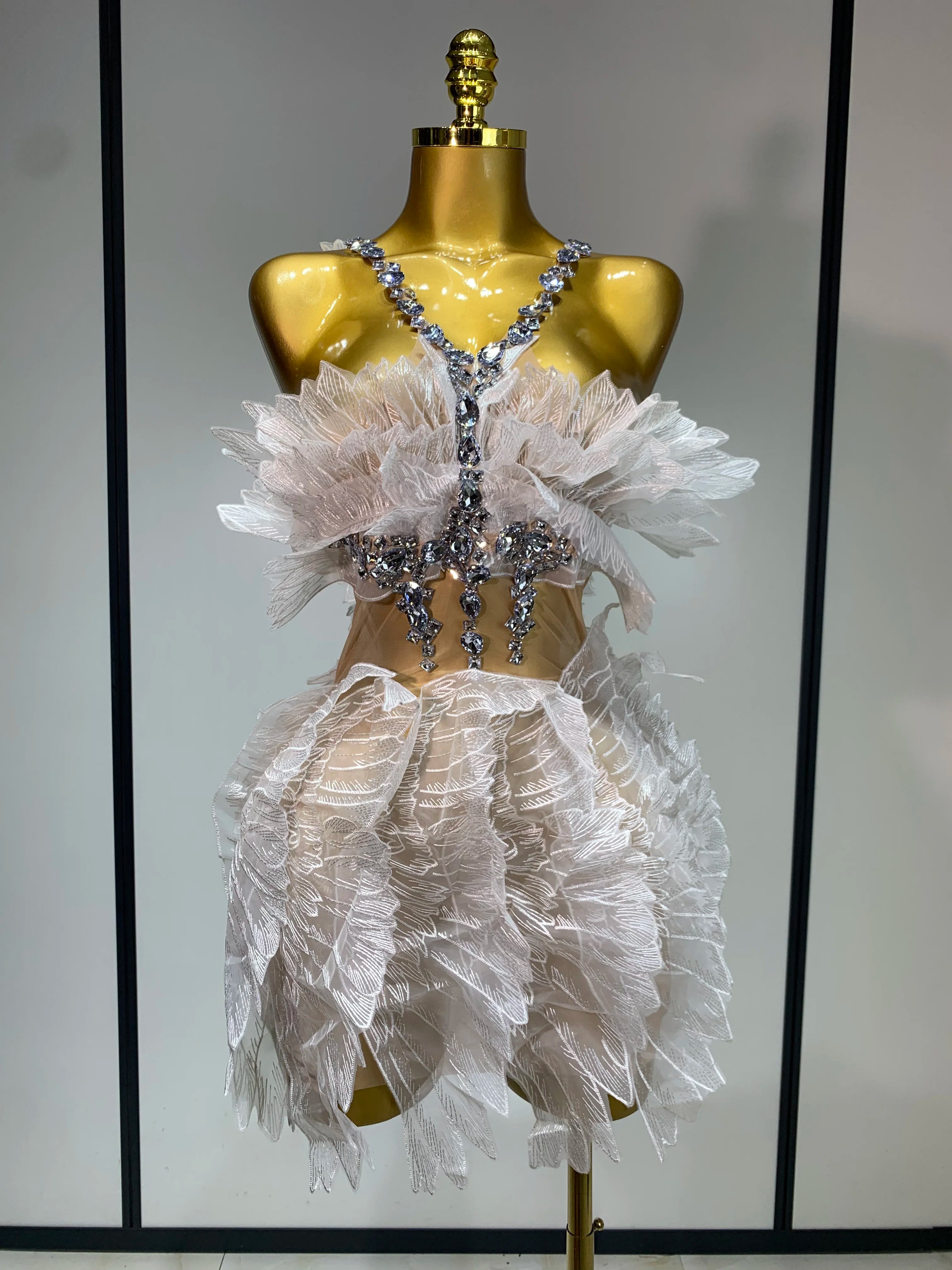 Luxury Birthday Dress Women Sexy White Crystal Transparent Wings Mini Dress Nightclub Evening Party Singer Stage Perform Costume WHITE