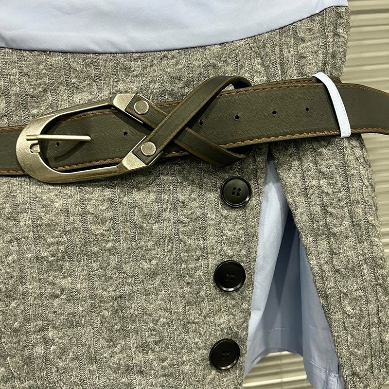 Autumn Winter New Knit Sweater Blue With Tie Shirt Spliced Fake Two-Piece Top Skirt Women's Three Pieces Set 11A07568