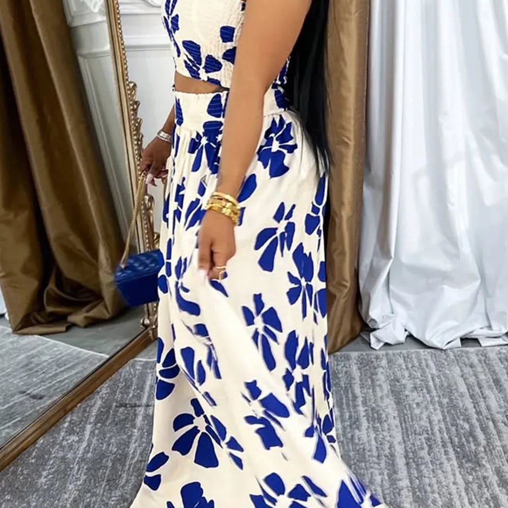 Plus Size Vacation Blue Graphic Pocket Smocking Two Piece Skirt Sets