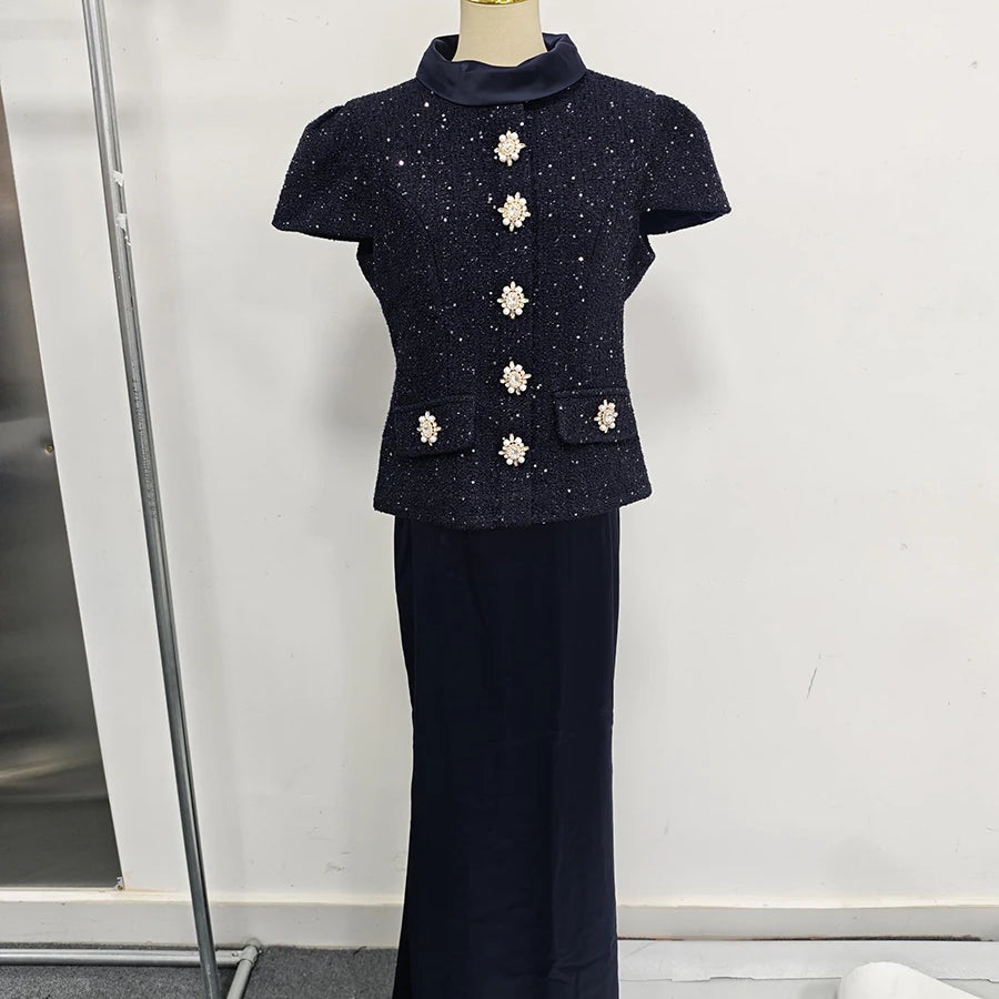 Solid Slimming Two Piece Sets for Women Round Neck Short Sleeves Spliced Button Top High Waist Skirt Set Female New NAVYBLUE