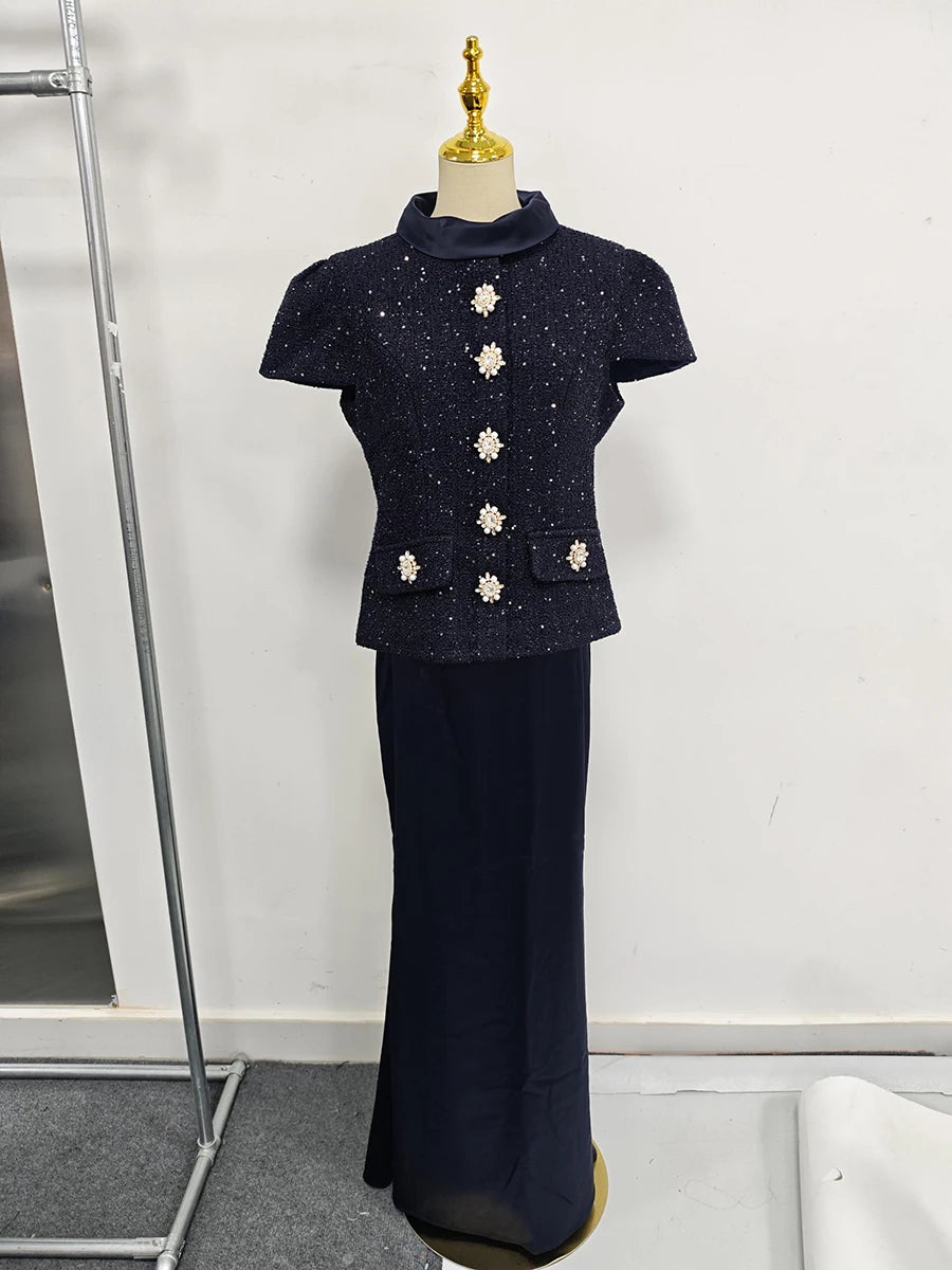 Solid Slimming Two Piece Sets for Women Round Neck Short Sleeves Spliced Button Top High Waist Skirt Set Female New NAVYBLUE