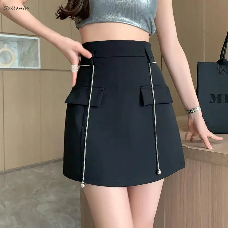 Summer Women High Waist Office Mini Skirt Elegant Casual Black White A-line Short Skirts Korean Style Y2k Streetwear Cargo Skirt