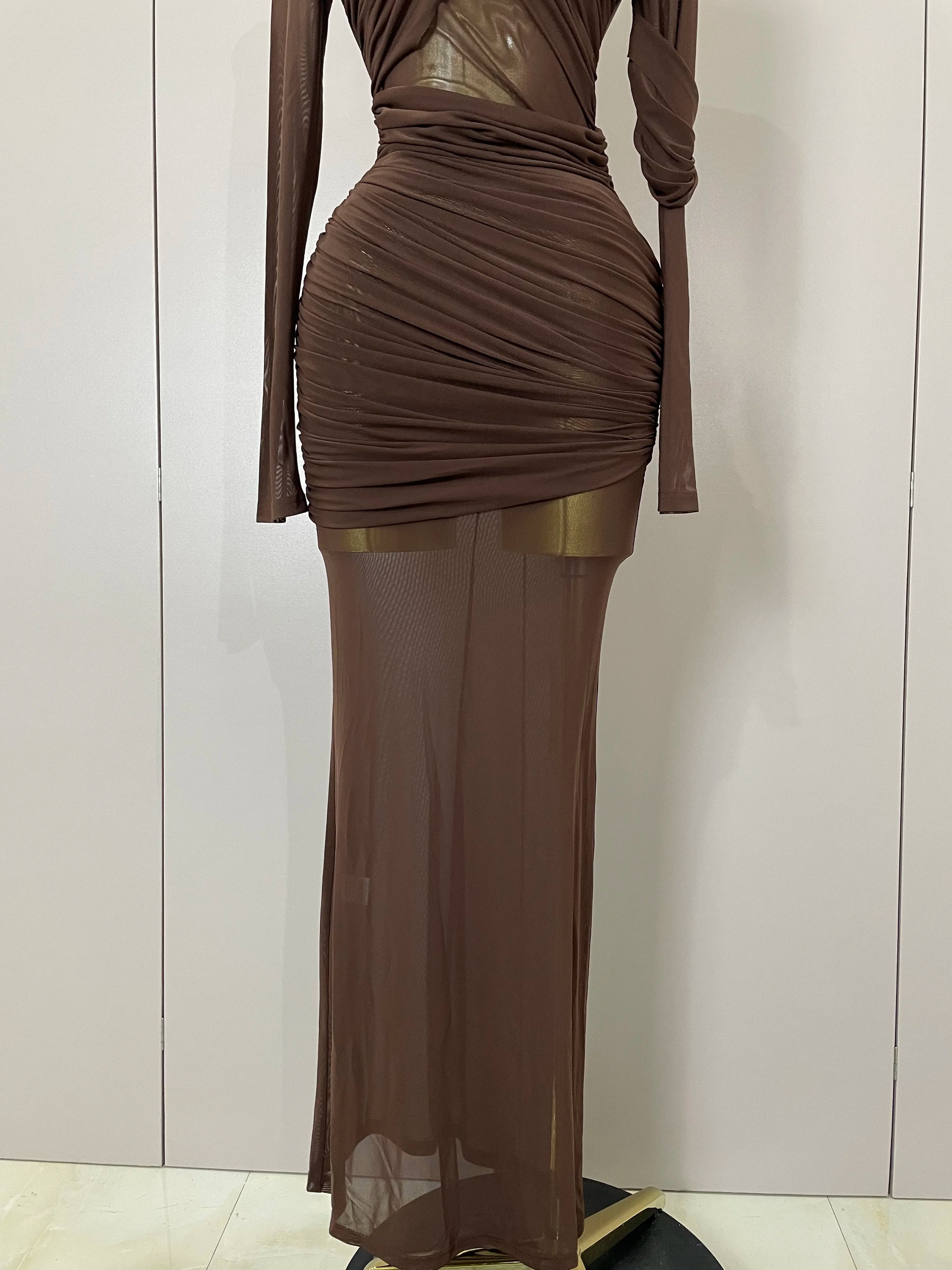 2025 Women Elegant Brown Mesh Fold Long Sleeve Bodycon Dress Evening Party Club Sexy Perspective Fashion Luxury Birthday Dresses