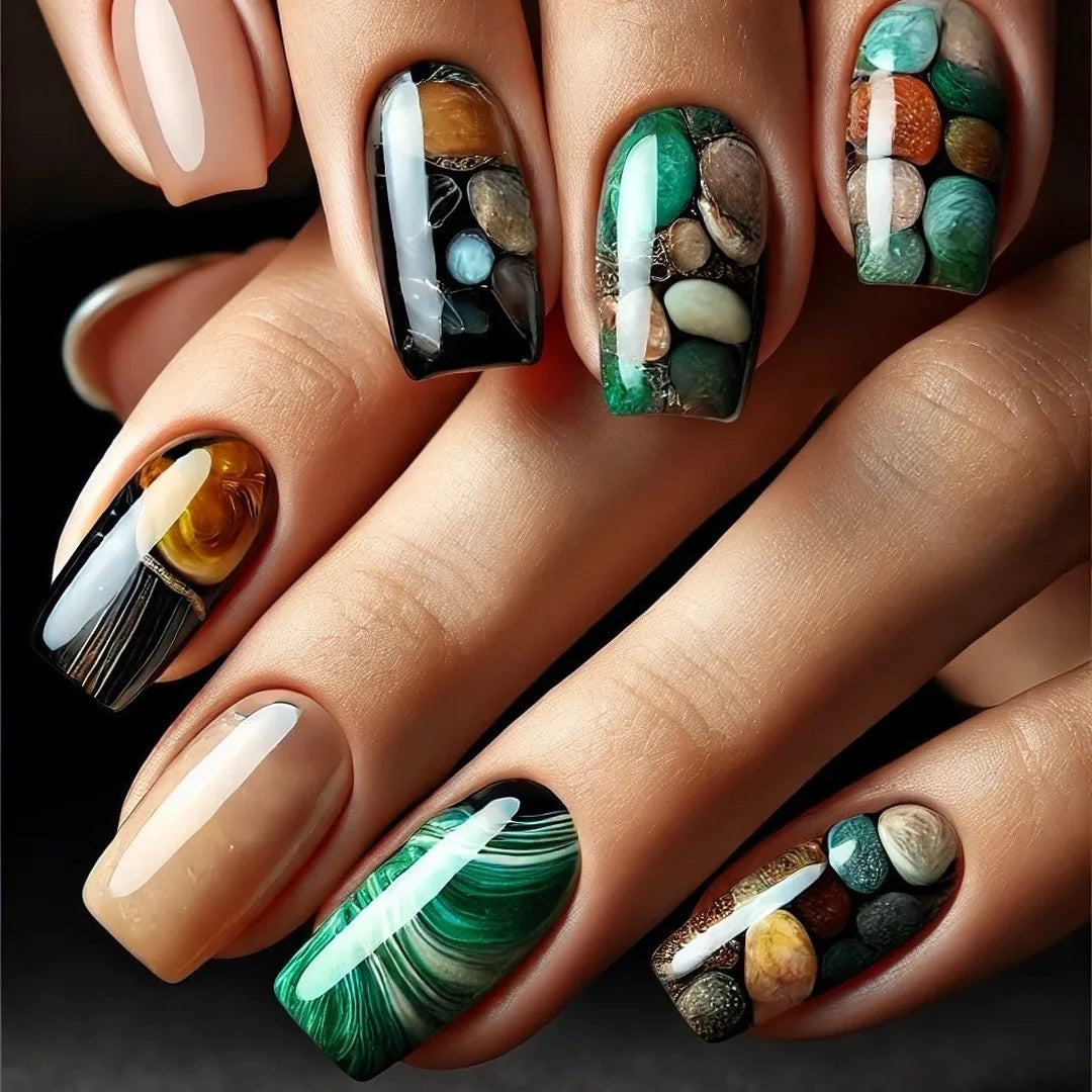 24pcs/set Medium long square fake nails for women starry sky gradient black blue purple moon star design press on false nails 1786