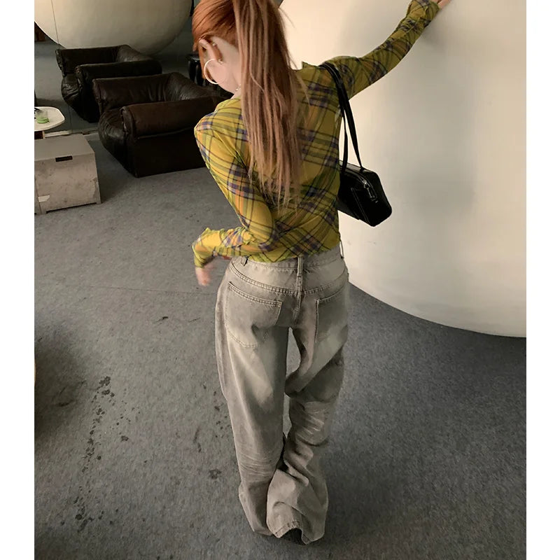 Grey Womens Jeans High Waist Straight Baggy Denim Pants American Korean Fashion Y2K Gradient Female Wide Leg Denim Trouser