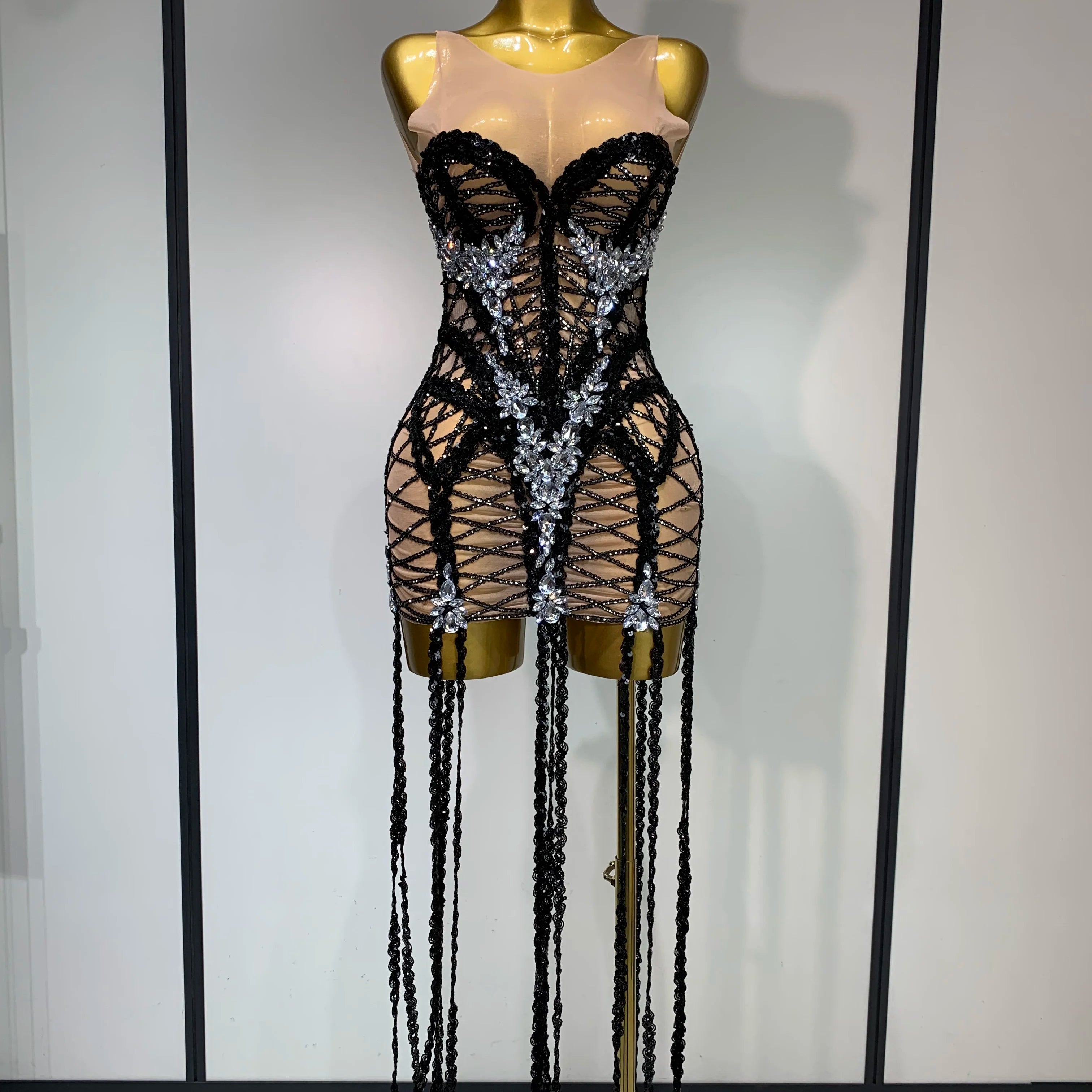 Luxury Birthday Sparkle Sequins Diamonds Long Tassel Sleeveless Mini Dress Women Red Carpet Goddess Stage Performance Costume black