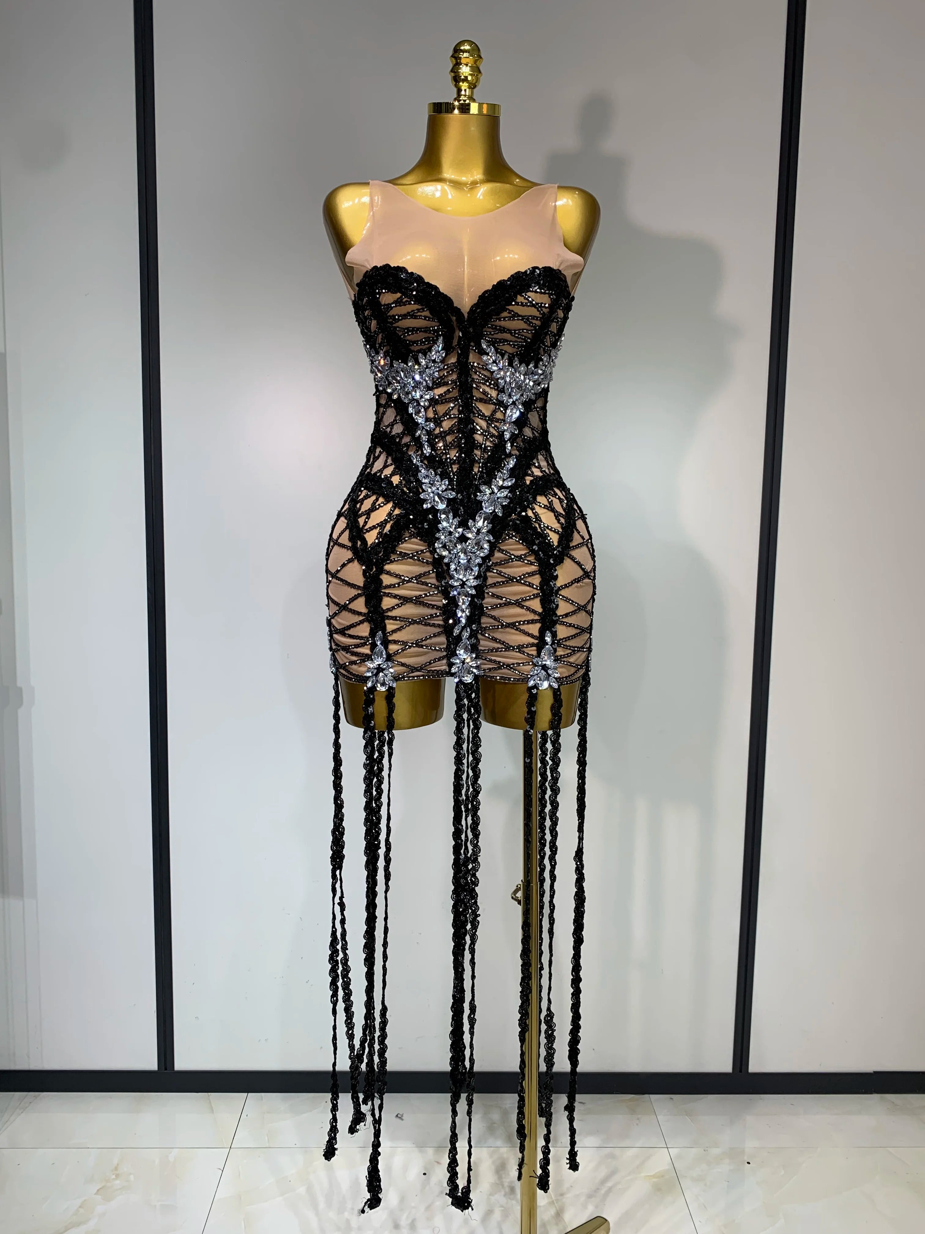 Luxury Birthday Sparkle Sequins Diamonds Long Tassel Sleeveless Mini Dress Women Red Carpet Goddess Stage Performance Costume black