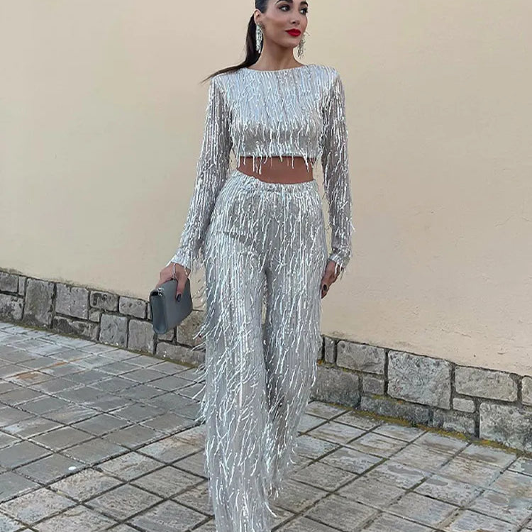 Tassel Sequin Women 2 Piece Set Autumn Silver Bright Silk O-neck Crop Tops Wide Leg Pants Female Suit Fashion Street Lady Sets