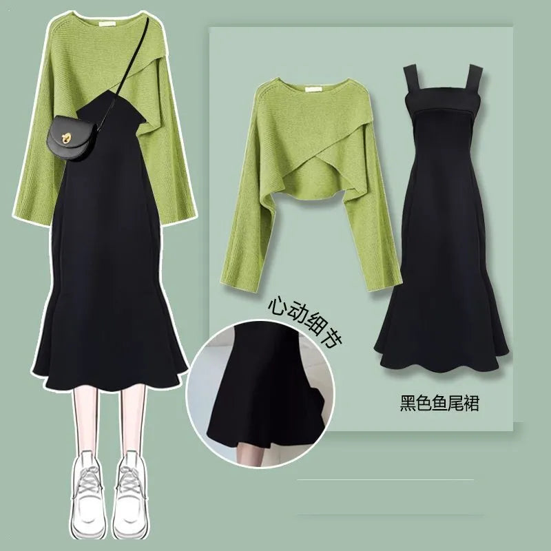 Women's Fashion Dress Matching Set 2024 Autumn Winter New Chic Knitted Sweater Sling Skirt Two Piece Korean Elegant Clothes Suit Set 07