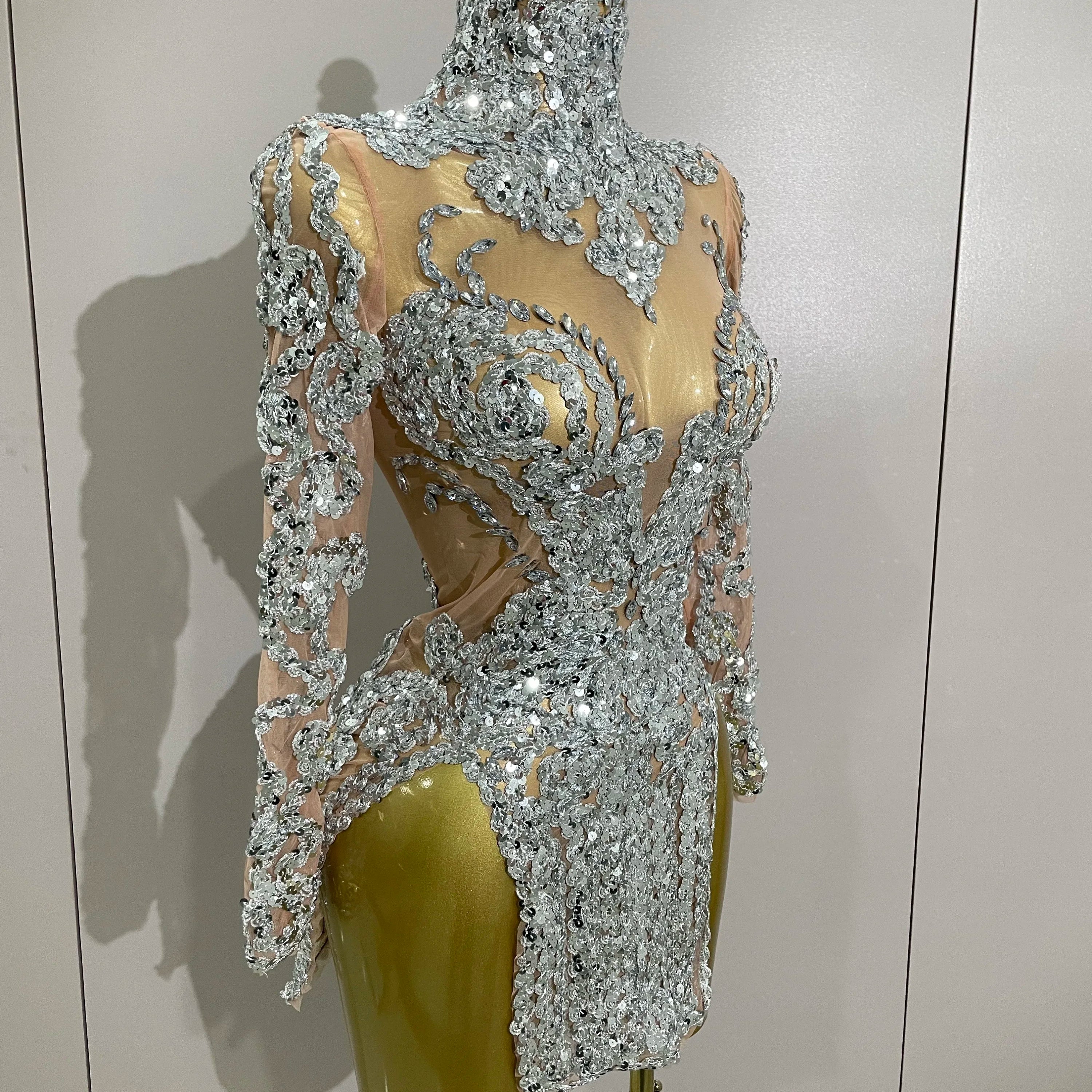 Luxury Sparkly Sequins Stretch Long Sleeve Mesh Mini Dress 2025 Women Birthday Party Nightclub Dancer Stage Performance Costume