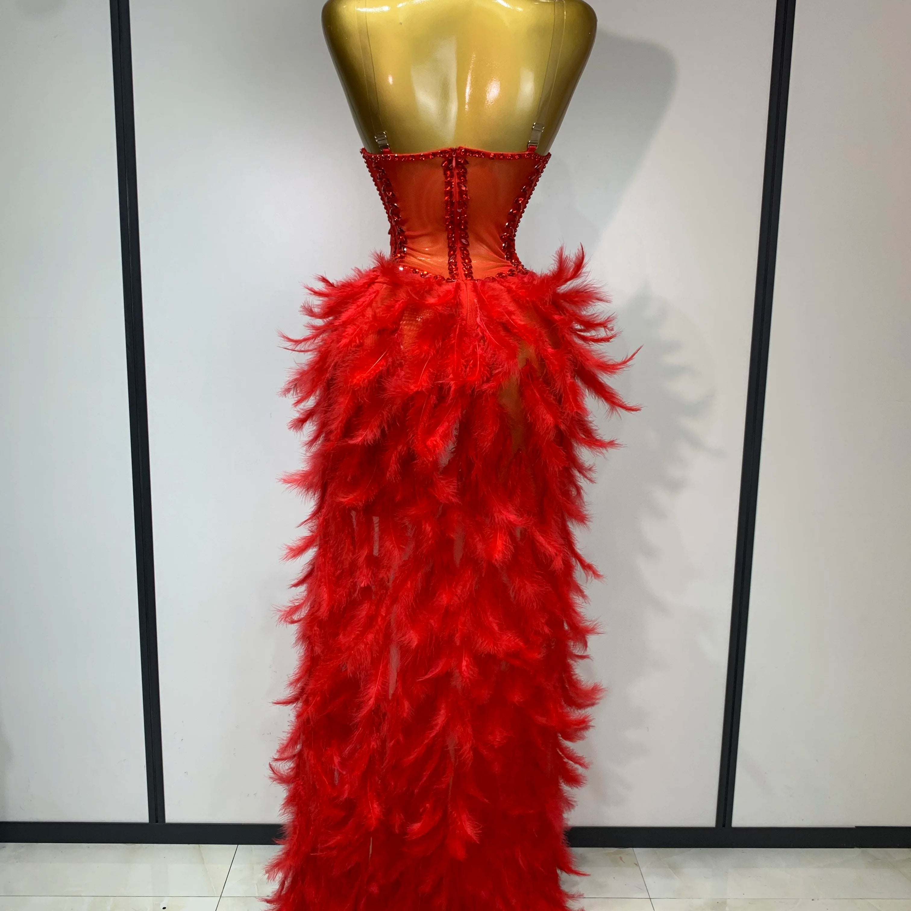 Sparkly Rhinestones Bodysuit Feathers Long Tail Dress Sexy Mesh Transparent Evening Party Celebrate Birthday Dress Stage Outfit