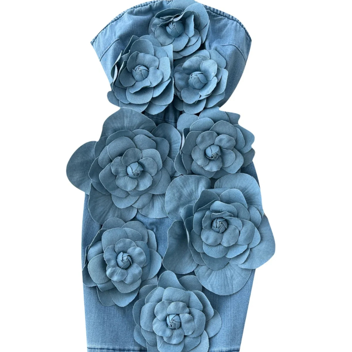 Elegant 3D Flower Rose Short Party Dresses Women Summer Holiday Sleeveless Strapless Corset Blue Denim Jeans Dress Mini Vestidos