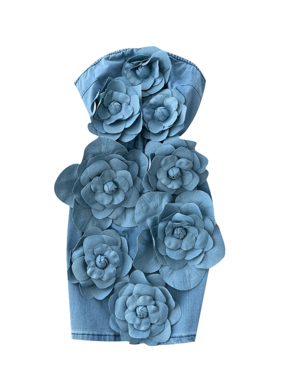 Elegant 3D Flower Rose Short Party Dresses Women Summer Holiday Sleeveless Strapless Corset Blue Denim Jeans Dress Mini Vestidos