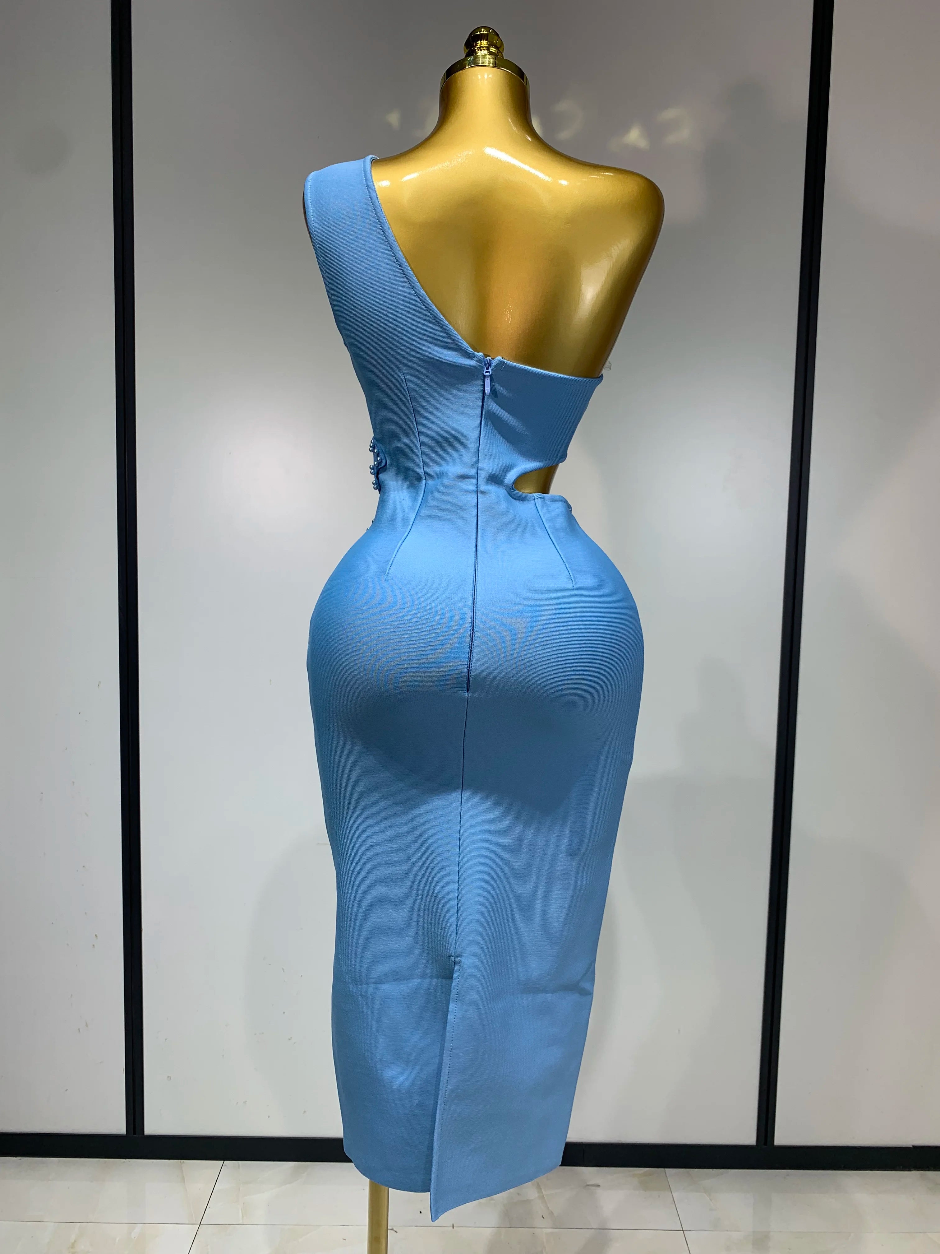 Women Sexy Luxury Birthday One Shoulder Pearl Sky Blue Bodycon Bandage Dress 2025 Celebrity Elegant Evening Club Party Outfit