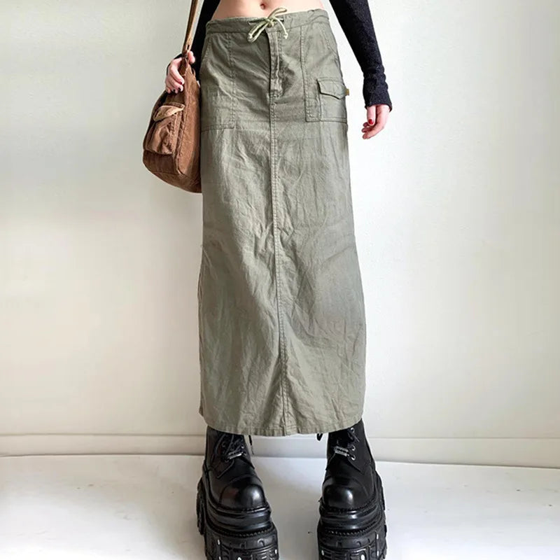Xingqing Fairycore Aesthetic Cargo Skirt y2k Solid Color Drawstring Low Waist Long Skirt with Pockets 2000s Women Streetwear As photo shows