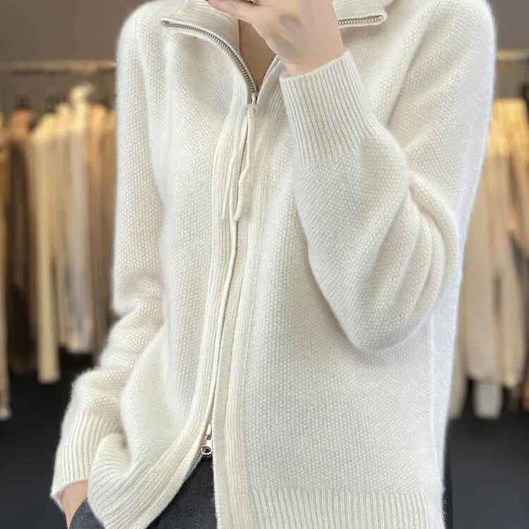 Women's Wool Knitting Sweater Clothing Autumn/Winter Casual Loose Top Fashion Korean Cashmere Large Zipper Jacket White