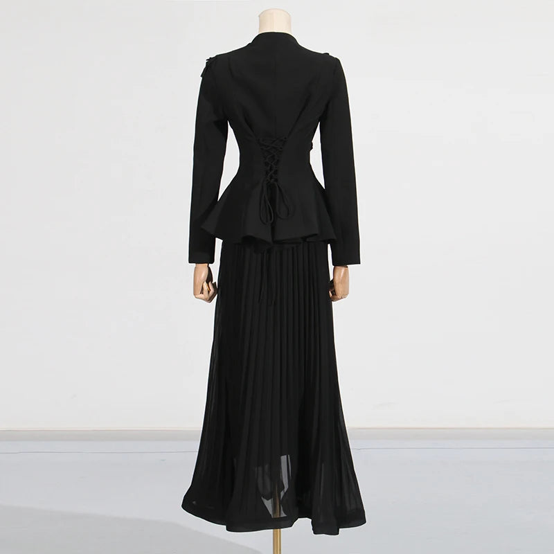 Solid Two Piece Sets for Women V Neck Ling Sleeves Spliced Applique Top High Waist Patchwork Folds Skirt Set Female