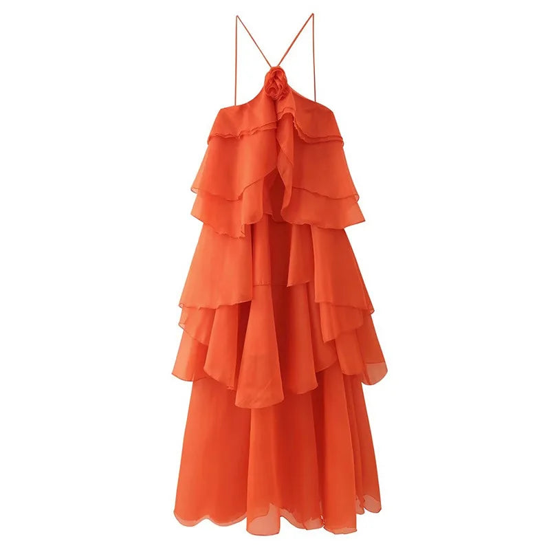 Women Sleeveless Ruffles Loose Ball Gown Smock Strap Maxi Long Sexy Dress 2025 Birthday Vacation Party Dresses Vestidos Orange