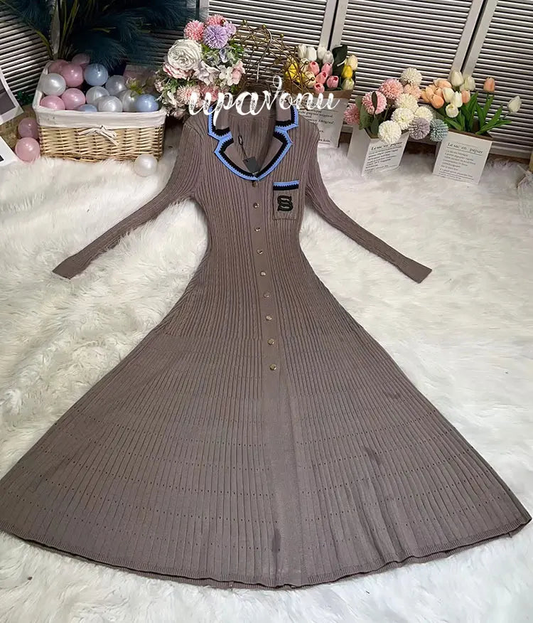 Elegant Women's Slim Fit Knitted Dress Fashionable Polo Neck Short Sleeve Single breasted Design Split Knitted Mid length Dress Dark brown