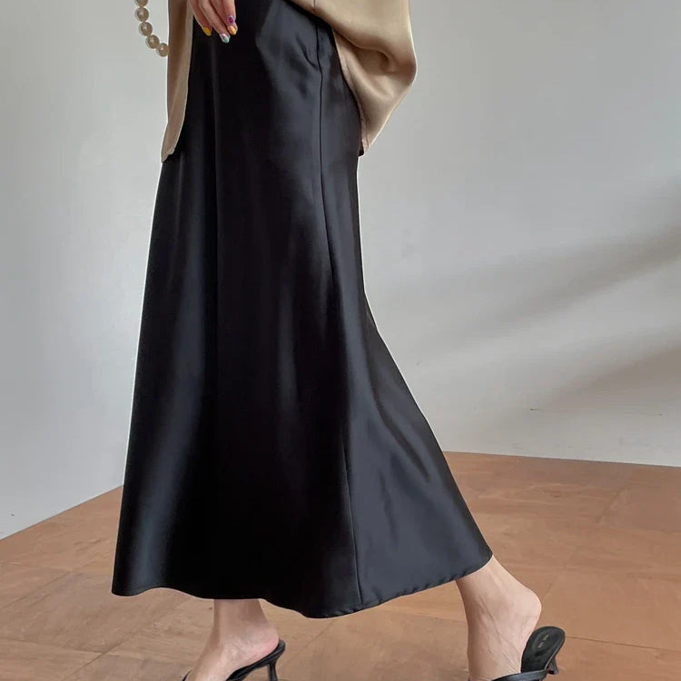 Silk Satin Skirts for Women Korean Style Champagne Office High Waist A-line Skirt Fashion Elegant Solid Long Pencil Skirt 2024 Black