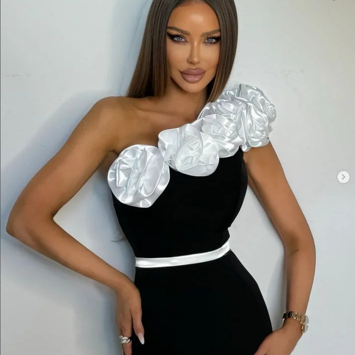Women Sexy One Shoulder White Florals Bodycon Bandage Long Dress Fashion Celebrate Evening Party Birthday Dress black