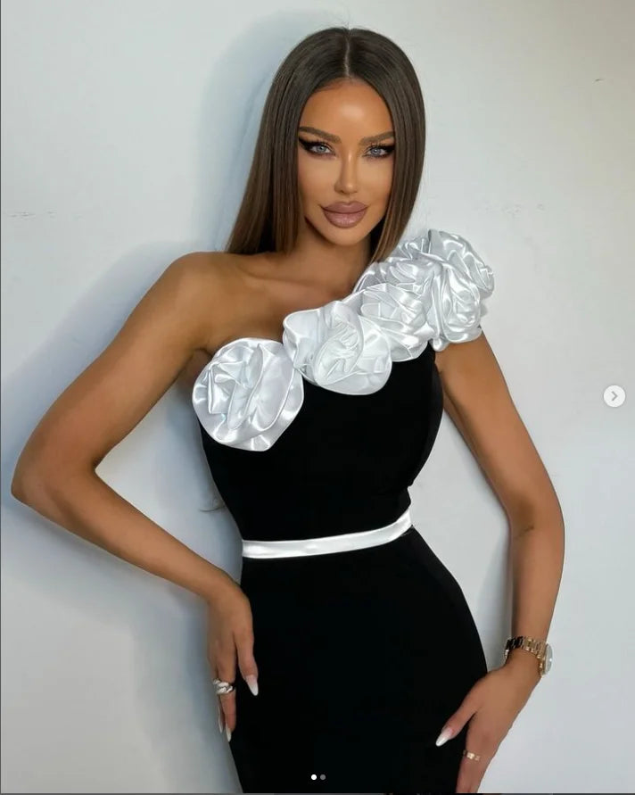 Women Sexy One Shoulder White Florals Bodycon Bandage Long Dress Fashion Celebrate Evening Party Birthday Dress black