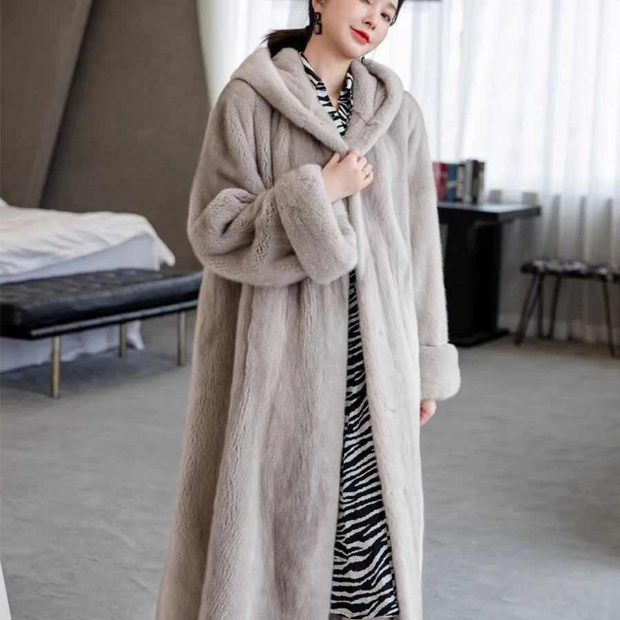 Lautaro Autumn Winter Long Luxury Elegant Thick Warm Fluffy Soft Faux Mink Fur Coat Women with Hood Loose Furry Overcoat 2025