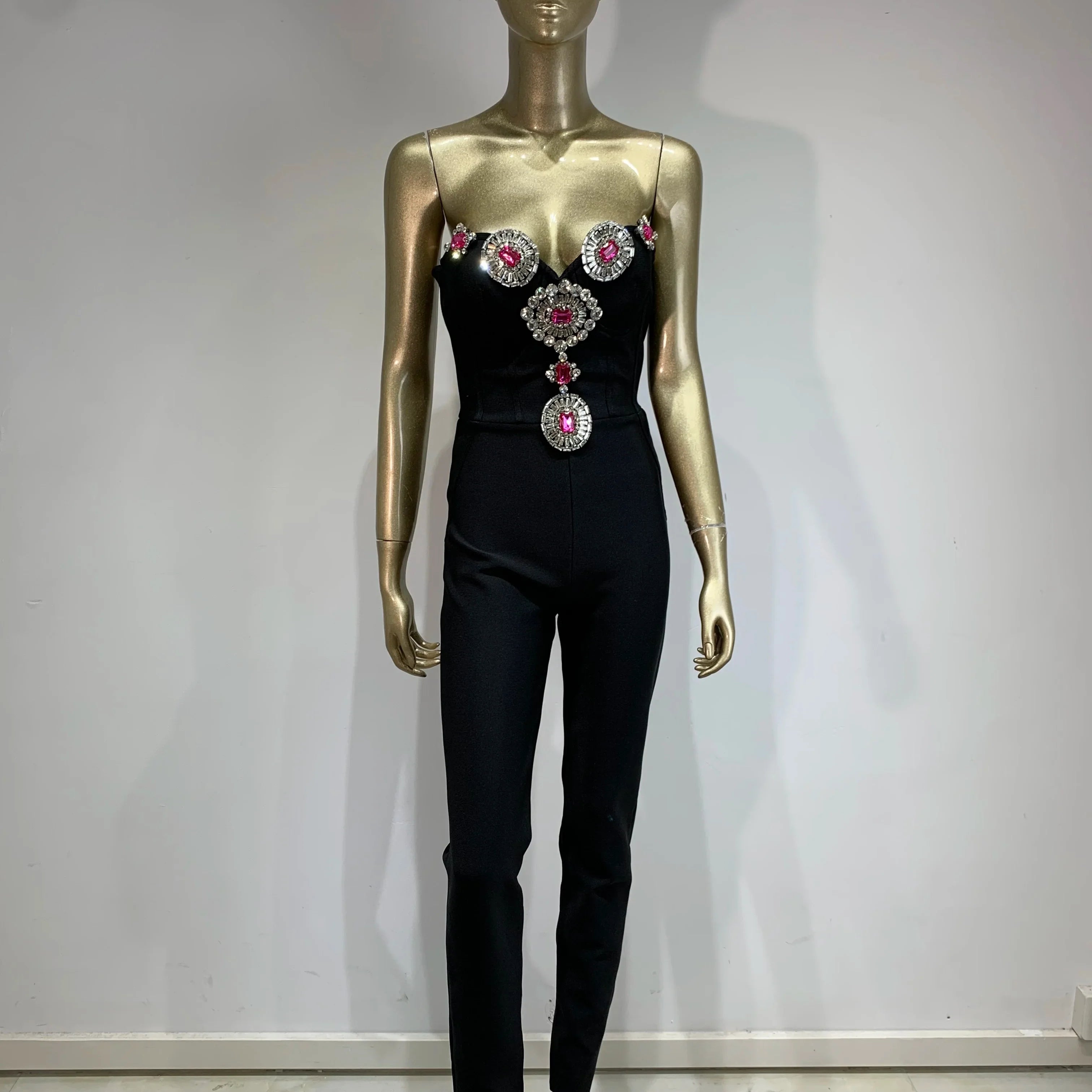 Women Luxury Sexy Strapless Backless Crystal Diamonds Black Bodycon Bandage Jumpsuit Celebrity Designer High Street Rompers