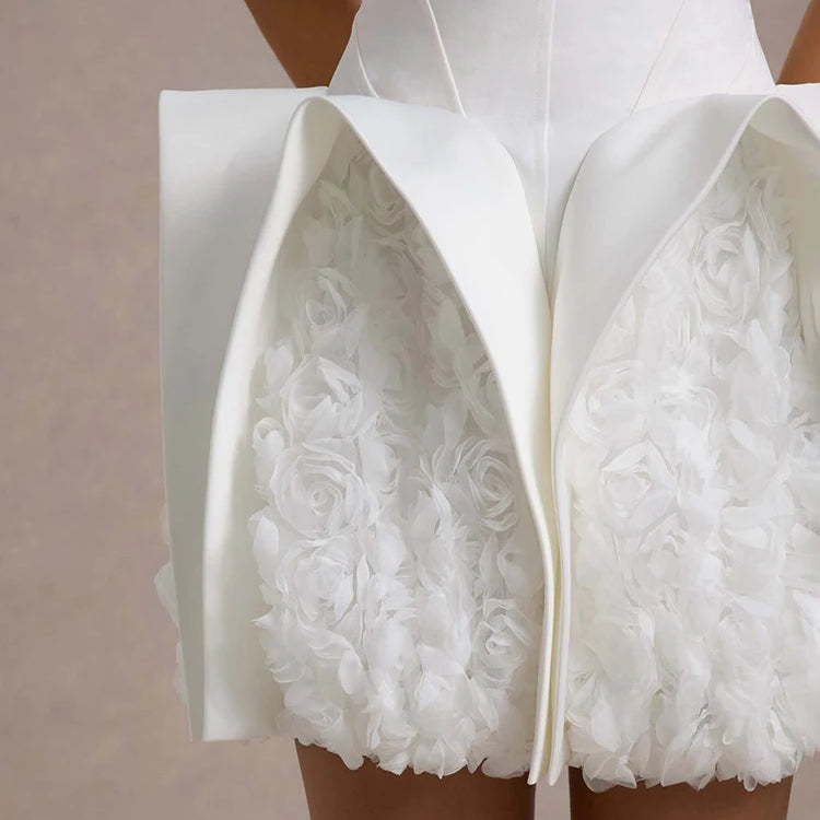 Chic Strapless White Mini Dress with Exquisite Floral Embellishments for Wedding-Related Function Gown