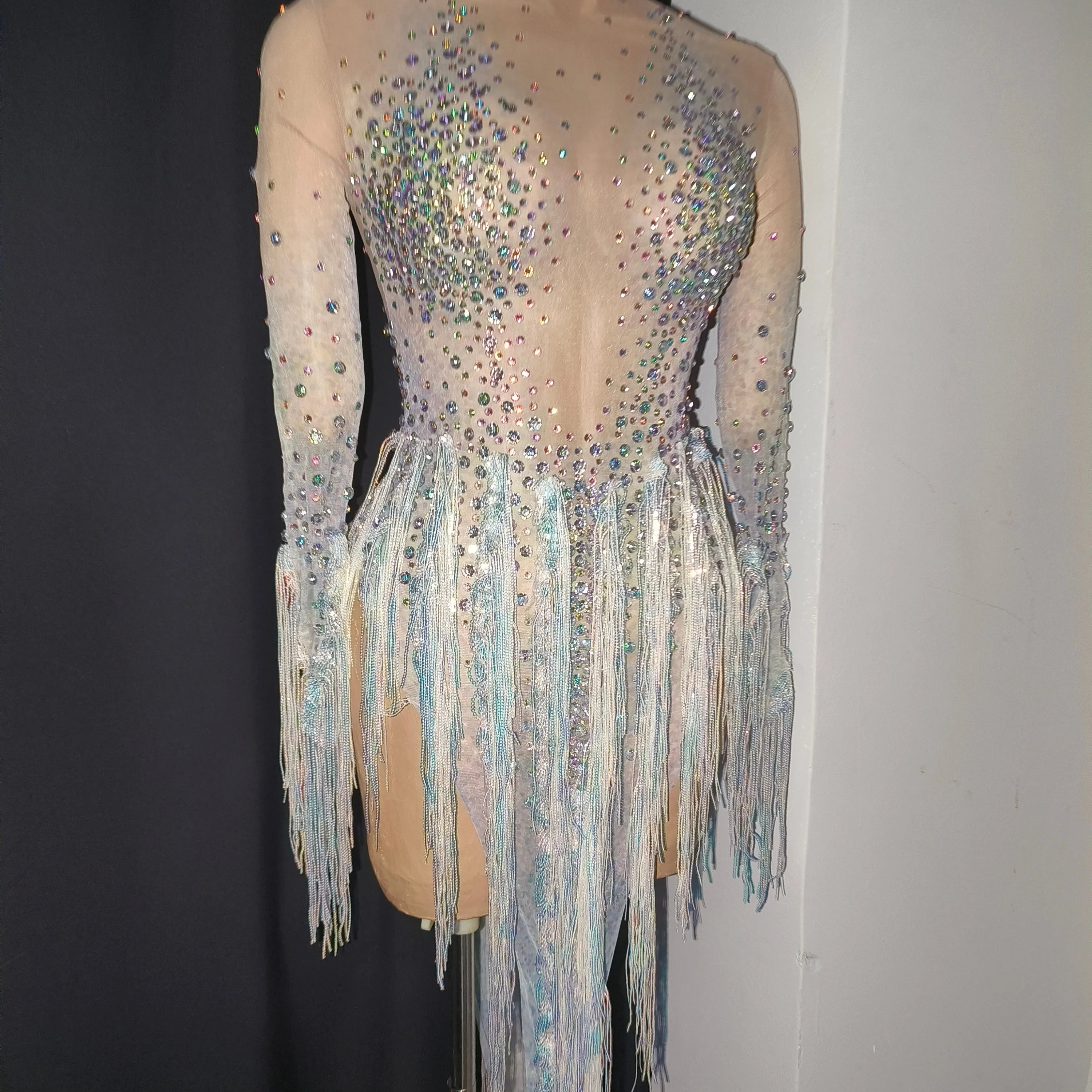 Luxurious Nude Long Sleeve Dress Women Sheer Mesh Iridescent Rhinestone Fringe Embellished Latin Dance Performance Costume