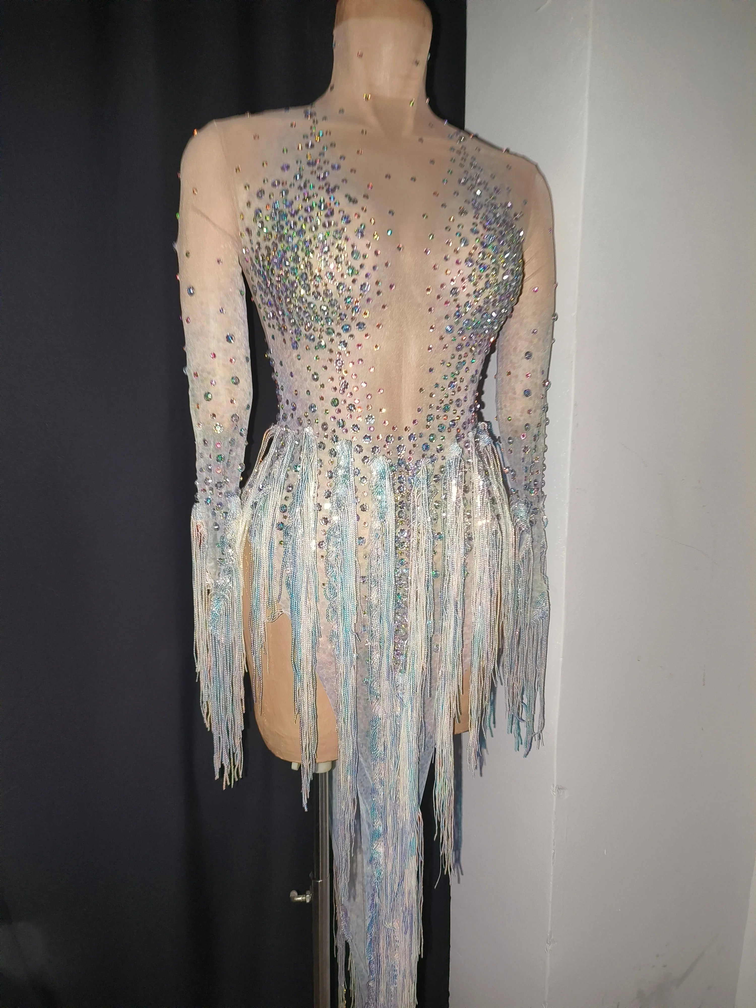 Luxurious Nude Long Sleeve Dress Women Sheer Mesh Iridescent Rhinestone Fringe Embellished Latin Dance Performance Costume