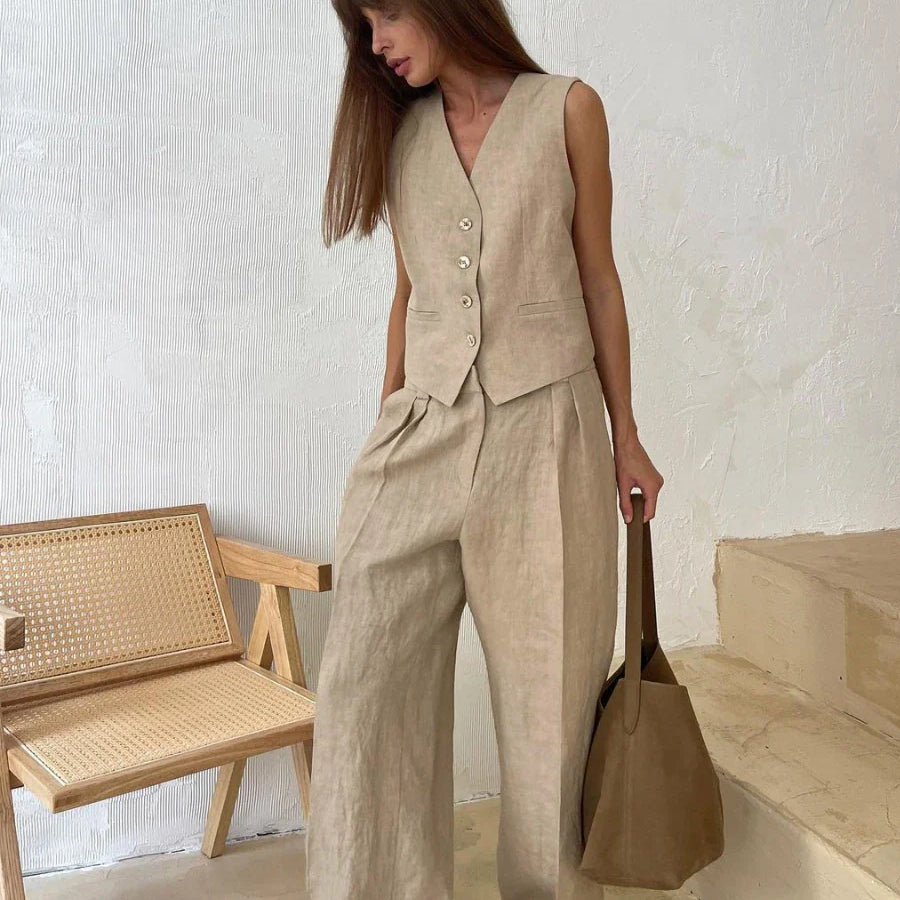 Wolfeel Womem Linen Cotton Chic Vest ＆ Pants Suit Two-Piece Set Office Ladies Summer Chic 2 Piece Sets Womens Outfits Khaki