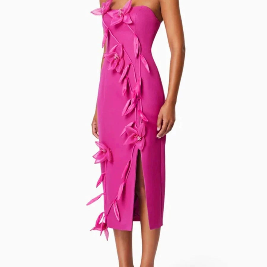 Solid Slimming Spliced Appliques Elegant Dresses for Women Srtapless Sleeveless Split Dress Femlae Fashion Clothing