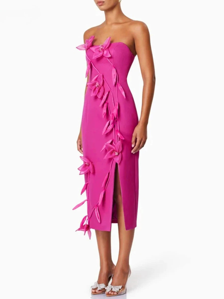 Solid Slimming Spliced Appliques Elegant Dresses for Women Srtapless Sleeveless Split Dress Femlae Fashion Clothing